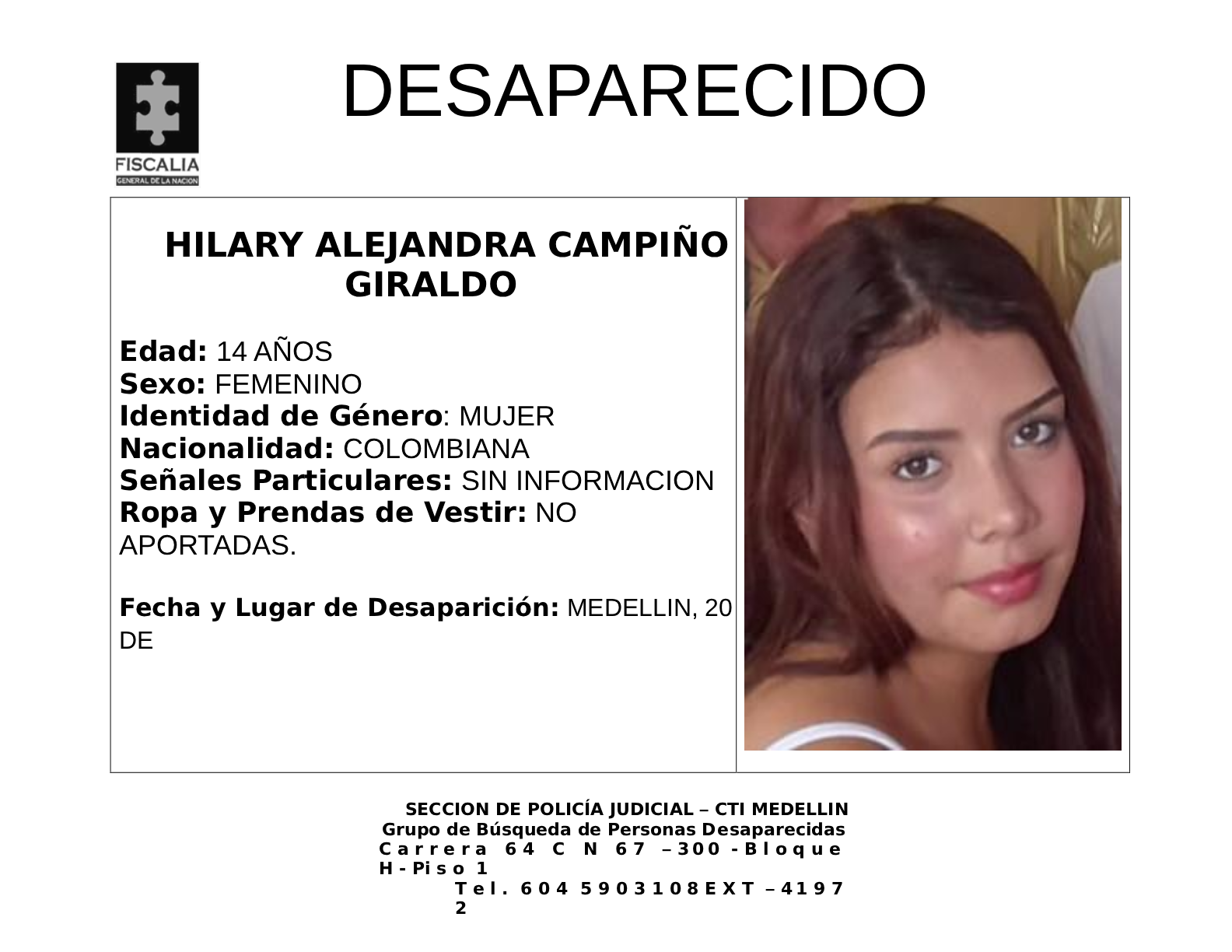 La menor Hilary Alejandra Campiño desapareció en Medellín 2 1 BOLETIN HILARY ALEJANDRA CAMPINO