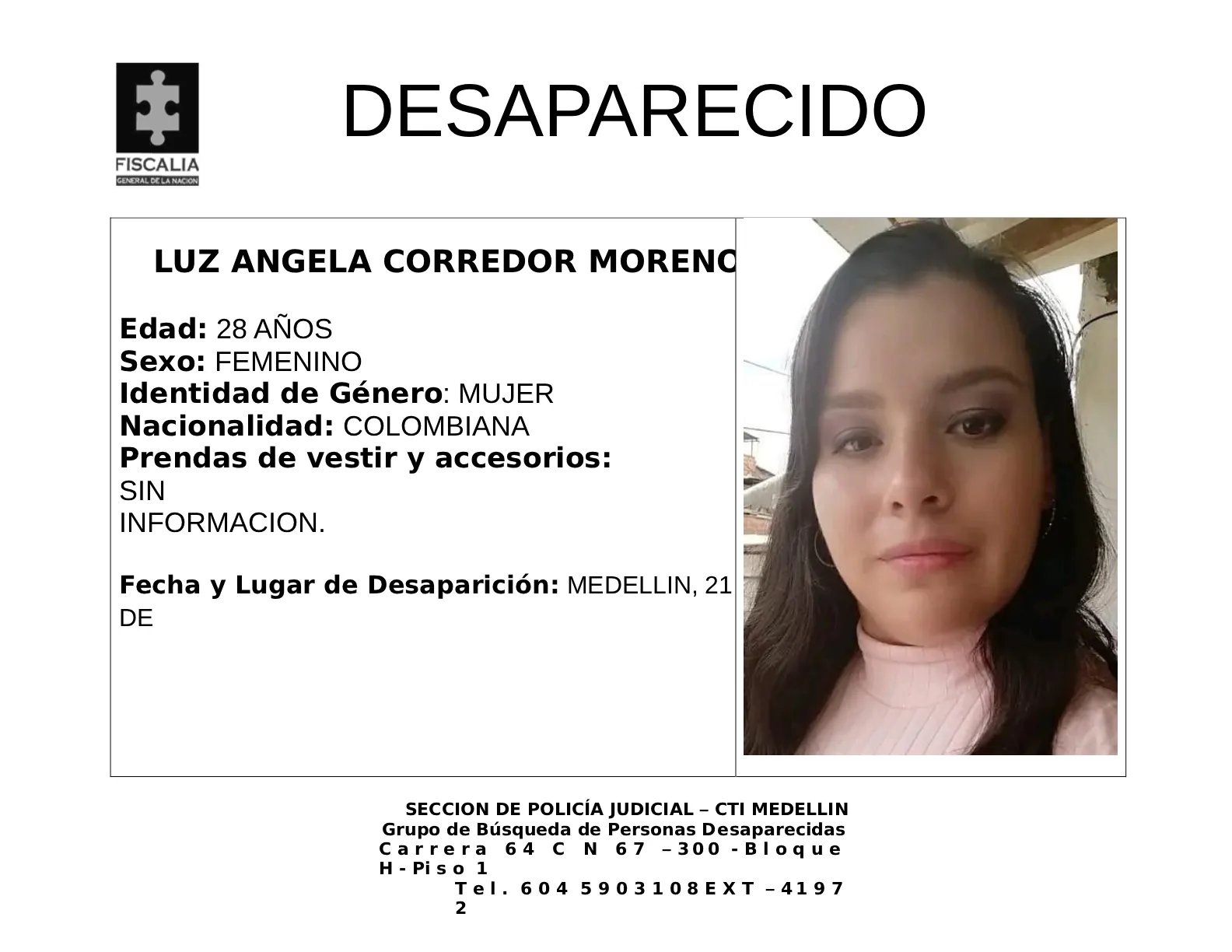 Luz Ángela Corredor desapareció en Medellín 2 1 BOLETIN LUZ ANGELA CORREDOR MORENO