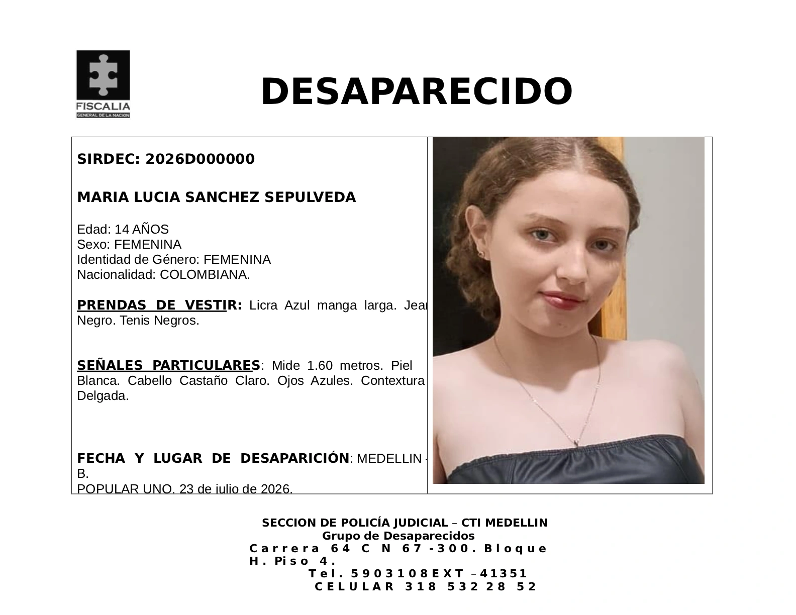 La menor María Lucía Sánchez desapareció en Medellín 2 1 BOLETIN MARIA LUCIA SANCHEZ SEPULVEDA