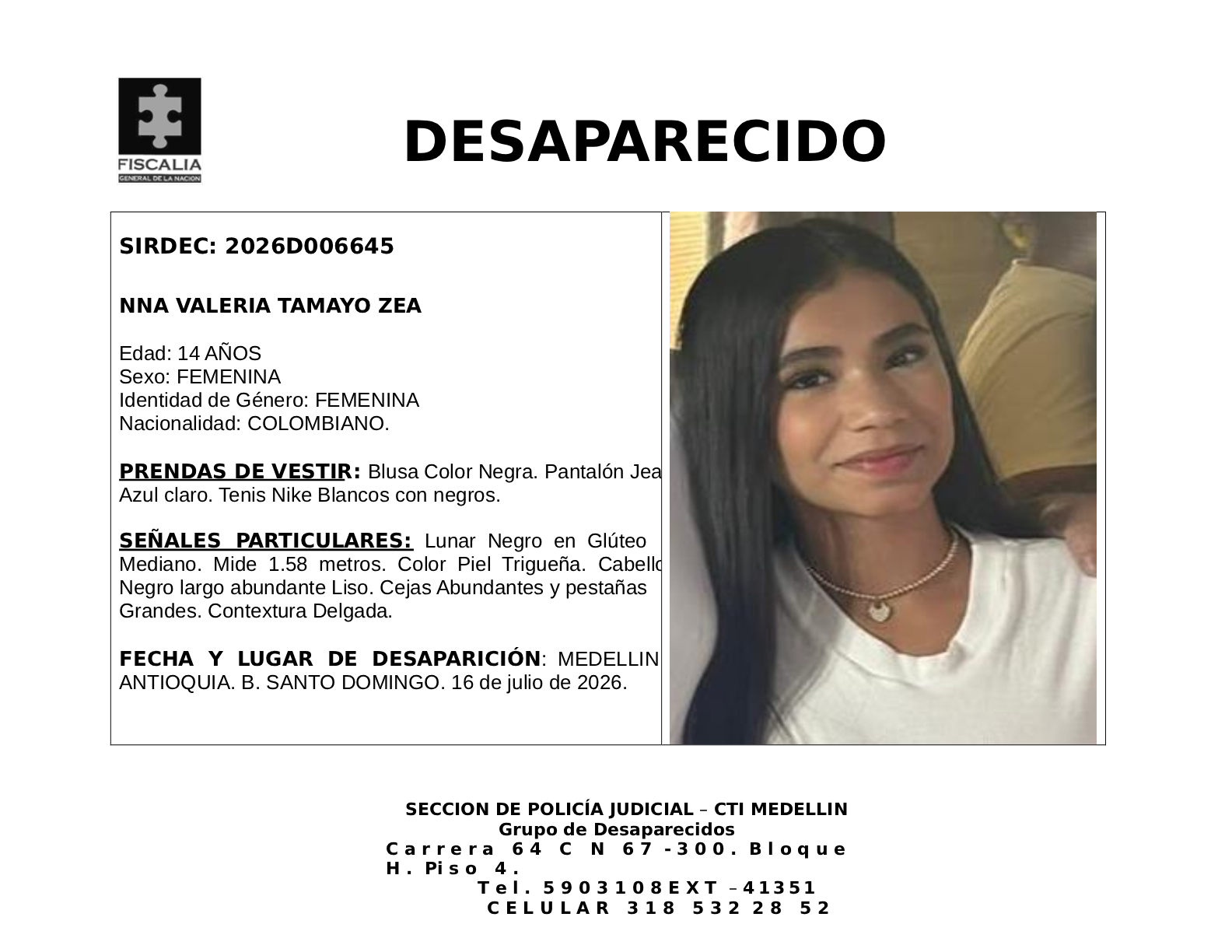 La menor Valeria Tamayo desapareció en Medellín 2 1 BOLETIN MENOR VALERIA TAMAYO ZEA