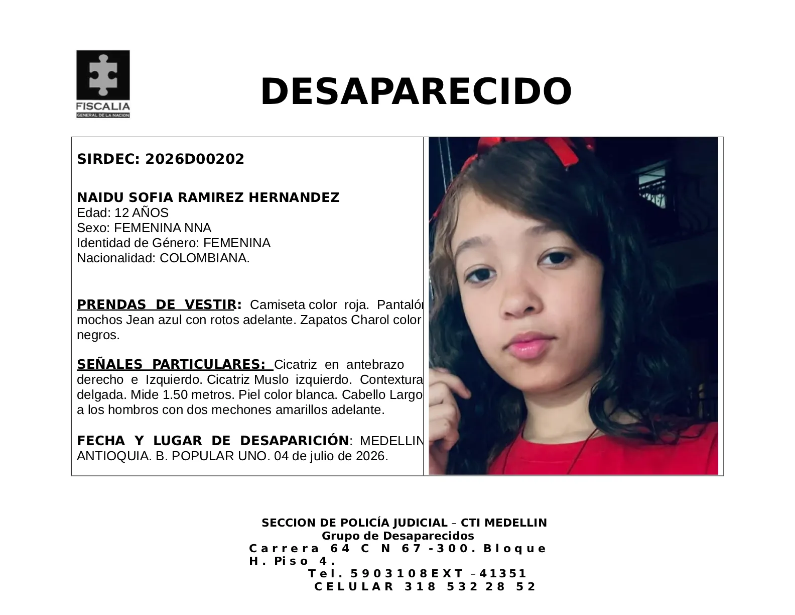La menor Naidu Sofía Ramírez desapareció en Medellín 2 1 BOLETIN NAYDU SOFIA RAMIREZ HERNANDEZ