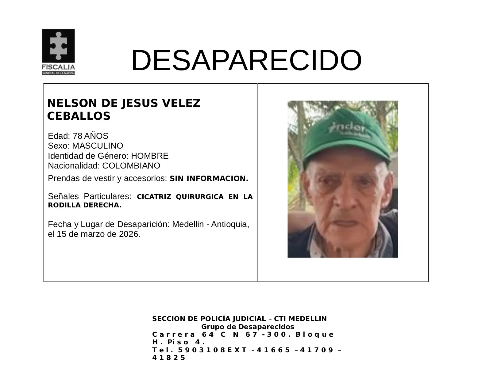Nelson de Jesús Vélez desapareció en Medellín 2 1 BOLETIN NELSON DE JESUS VELEZ CEBALLOS