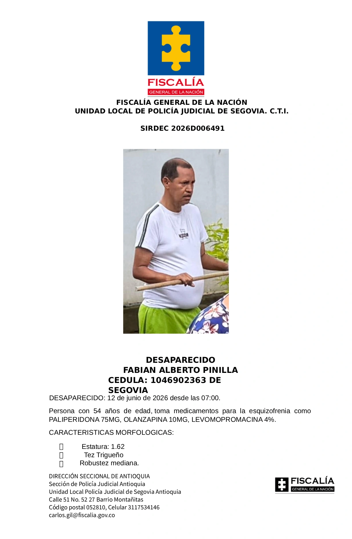 Fabián Alberto Pinilla desapareció en Segovia 2 1 VOLANTE FABIAN ALBERTO PINILLA