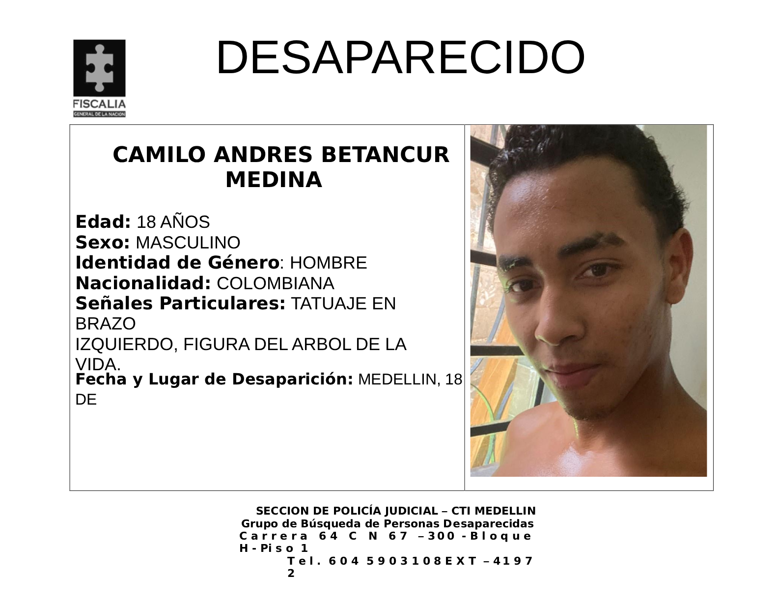 Camilo Andrés Betancur desapareció en Medellín 2 2 BOLETIN CAMILO ANDRES BETANCUR