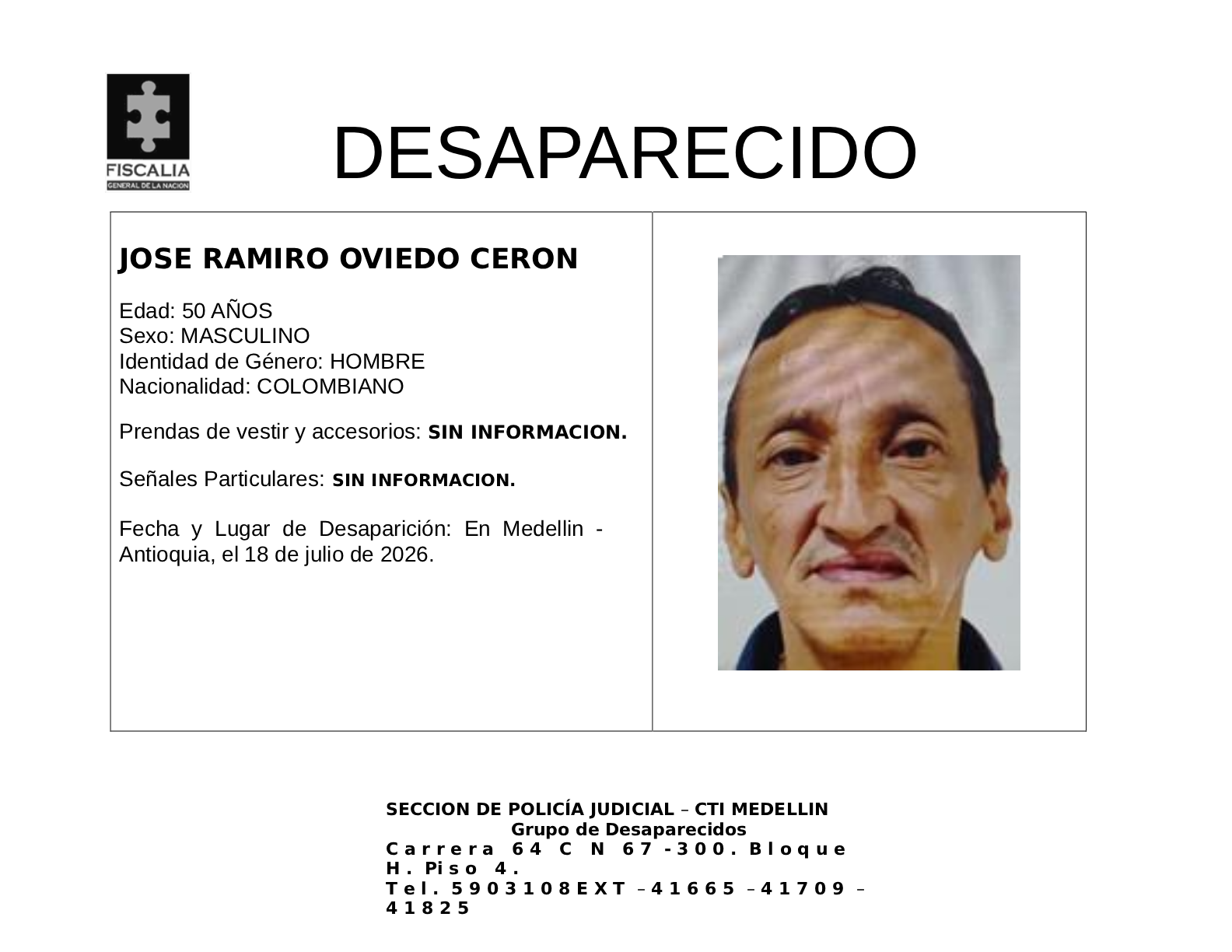 José Ramiro Oviedo desapareció en Medellín 2 2 BOLETIN JOSE RAMIRO OVIEDO CERON