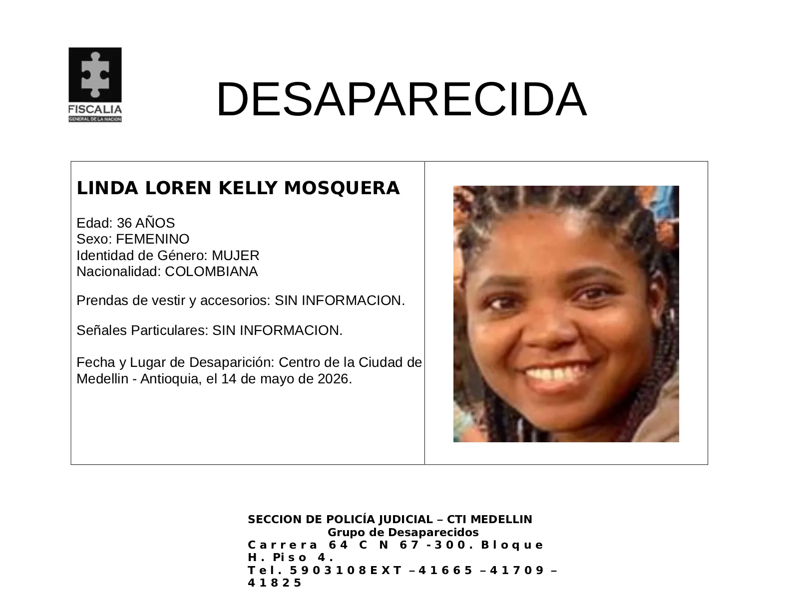 Linda Loren Kelly desapareció en Medellín 2 2 BOLETIN LINDA LOREN KELLY MOSQUERA