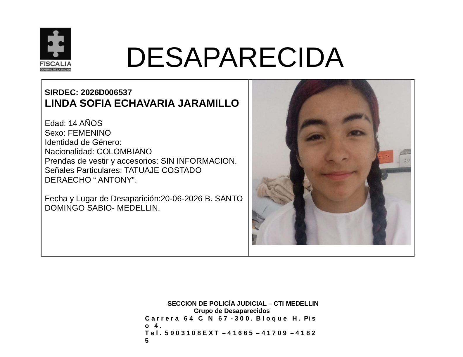 La menor Linda Sofía Echavarría desapareció en Medellín 2 2 BOLETIN LINDA SOFIA