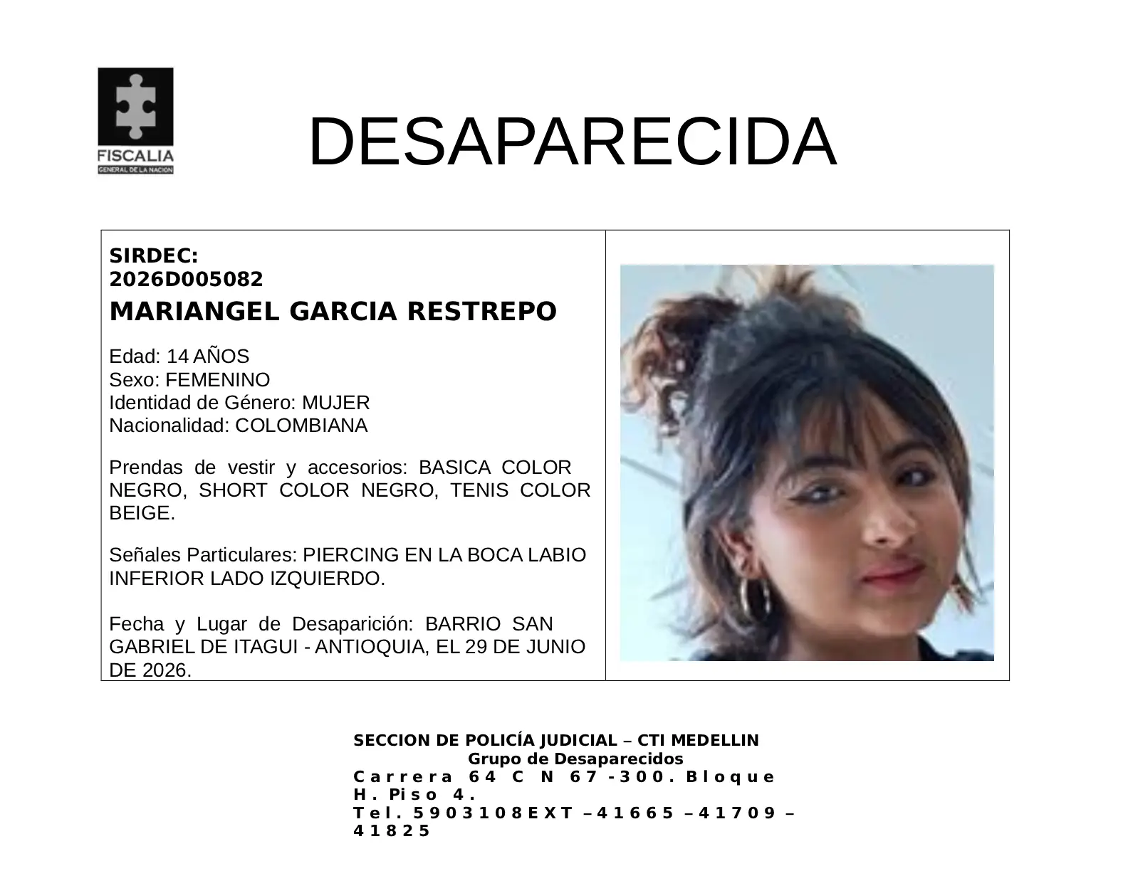 La menor Mariangel García desapareció en Itagüí 2 2 BOLETIN MARIANGEL GARCIA RESTREPO