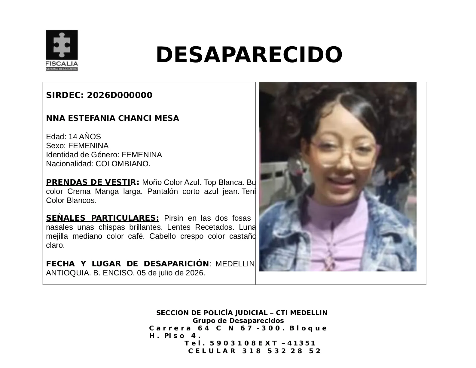 La menor Estefanía Chanci desapareció en Medellín 2 3 BOLETIN MENOR ESTEFANIA CHANCI MESA NNA 14
