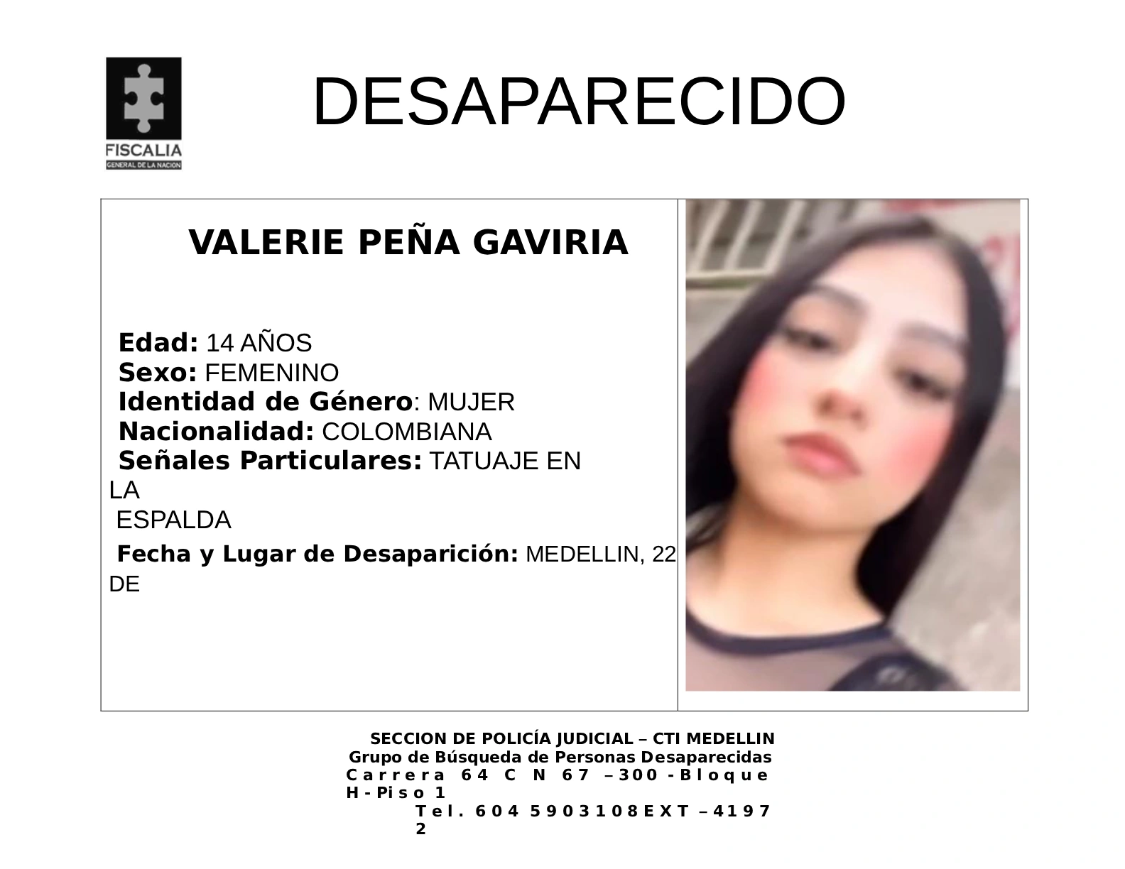 La menor Valerie Peña Gaviria desapareció en Medellín 2 3 BOLETIN VALERIE PENA GAVIRIA