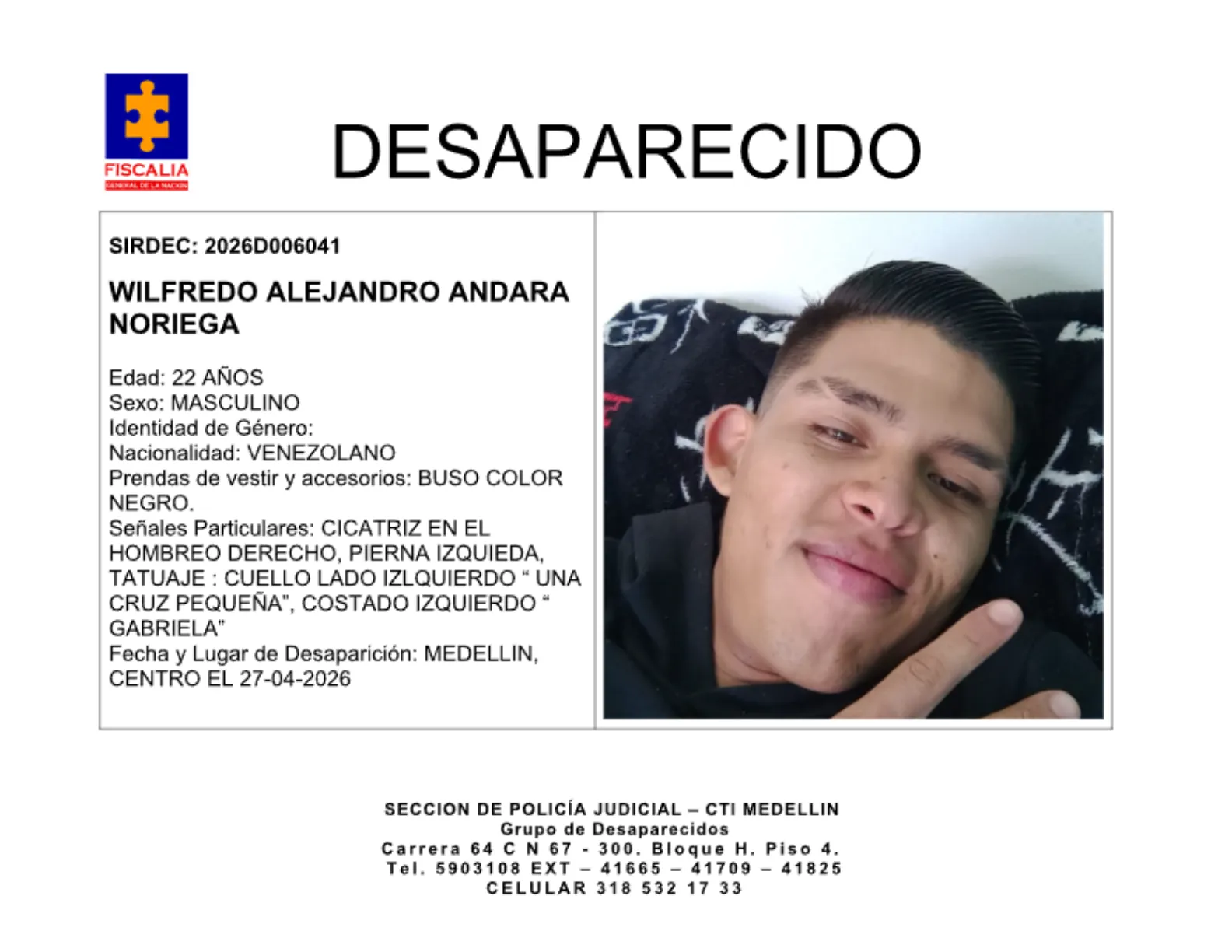 Wilfredo Alejandro Andara desapareció en Medellín 2 3 BOLETIN WILFREDO