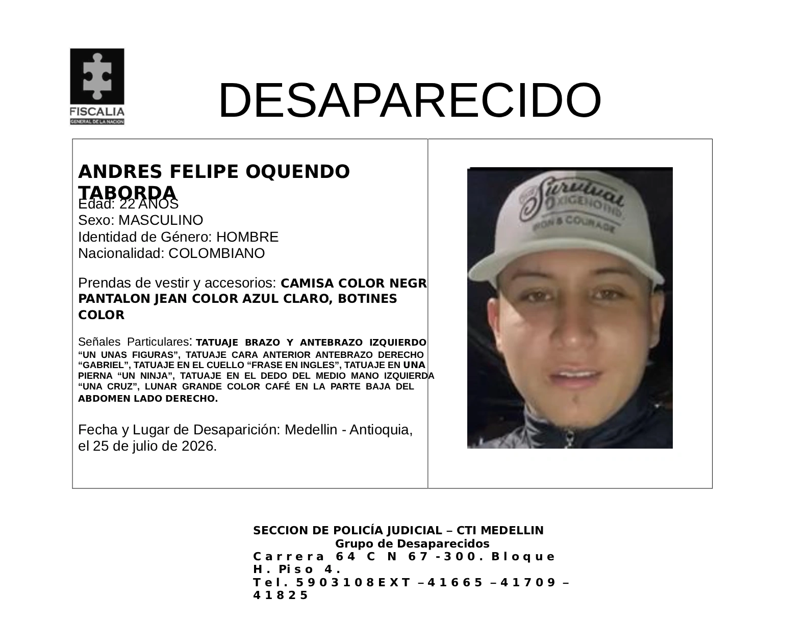 Andrés Felipe Oquendo desapareció en Medellín 2 4 BOLETIN ANDRES FELIPE OQUENDO TABORDA