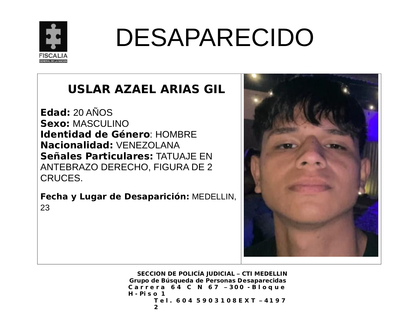 Uslar Azael Arias desapareció en Medellín 2 4 BOLETIN USLAR AZAEL ARIAS GIL