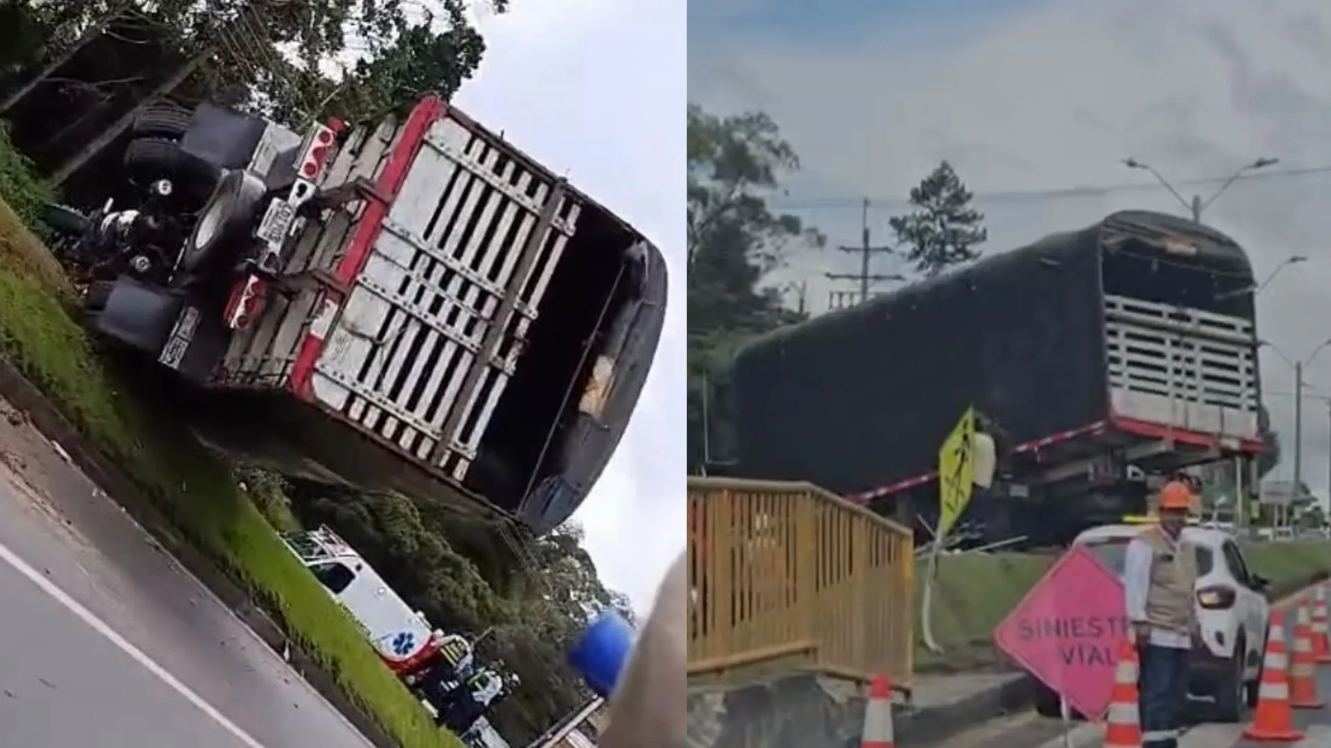 ¡Impresionante volcamiento! Camión de carga sufrió aparatoso accidente en la autopista Medellín-Bogotá
