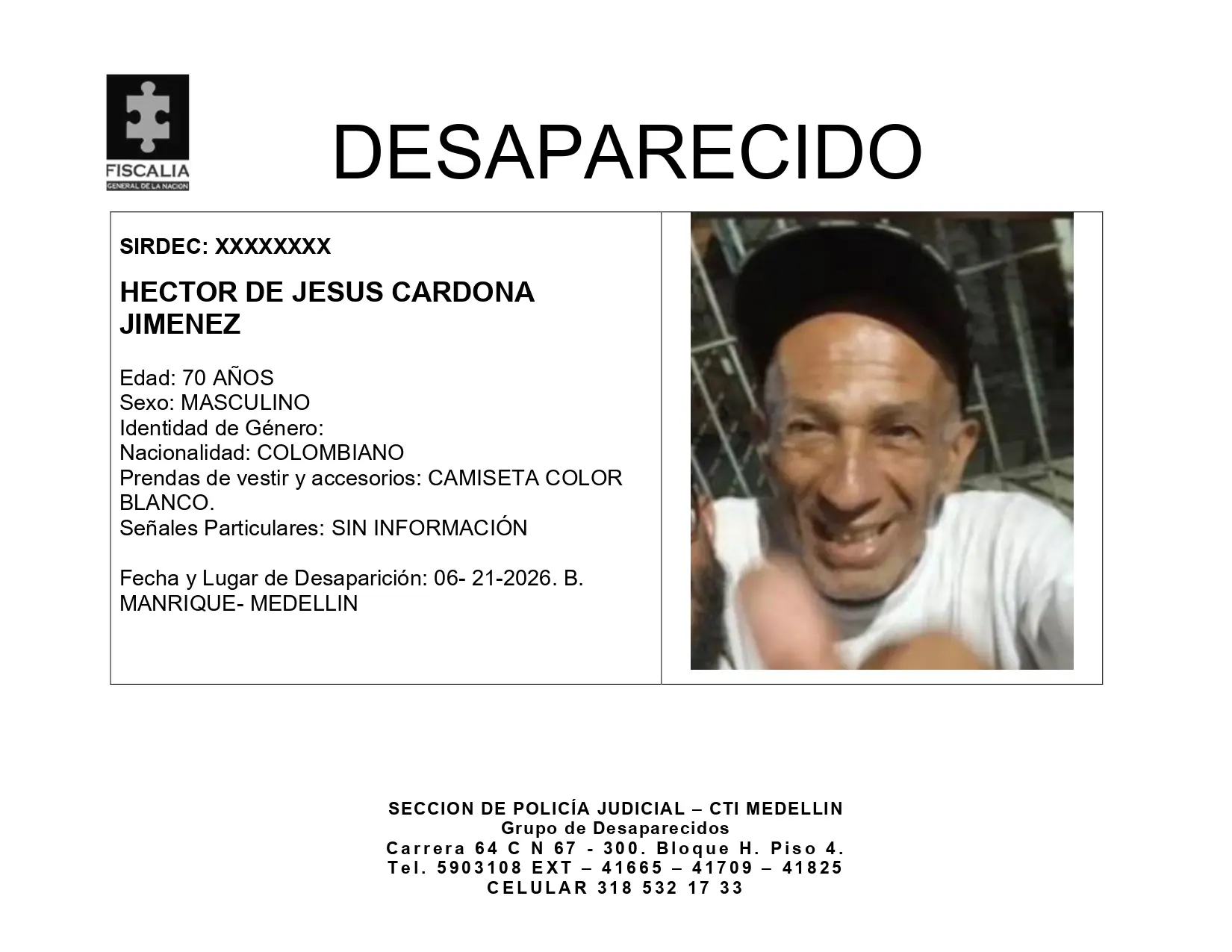 Buscamos a Héctor de Jesús Cardona de 70 años en Manrique: desde el 21 de junio no se sabe nada de él 2 BOLETIN HECTOR DE JESUS CARDONA JIMENEZ page 0001