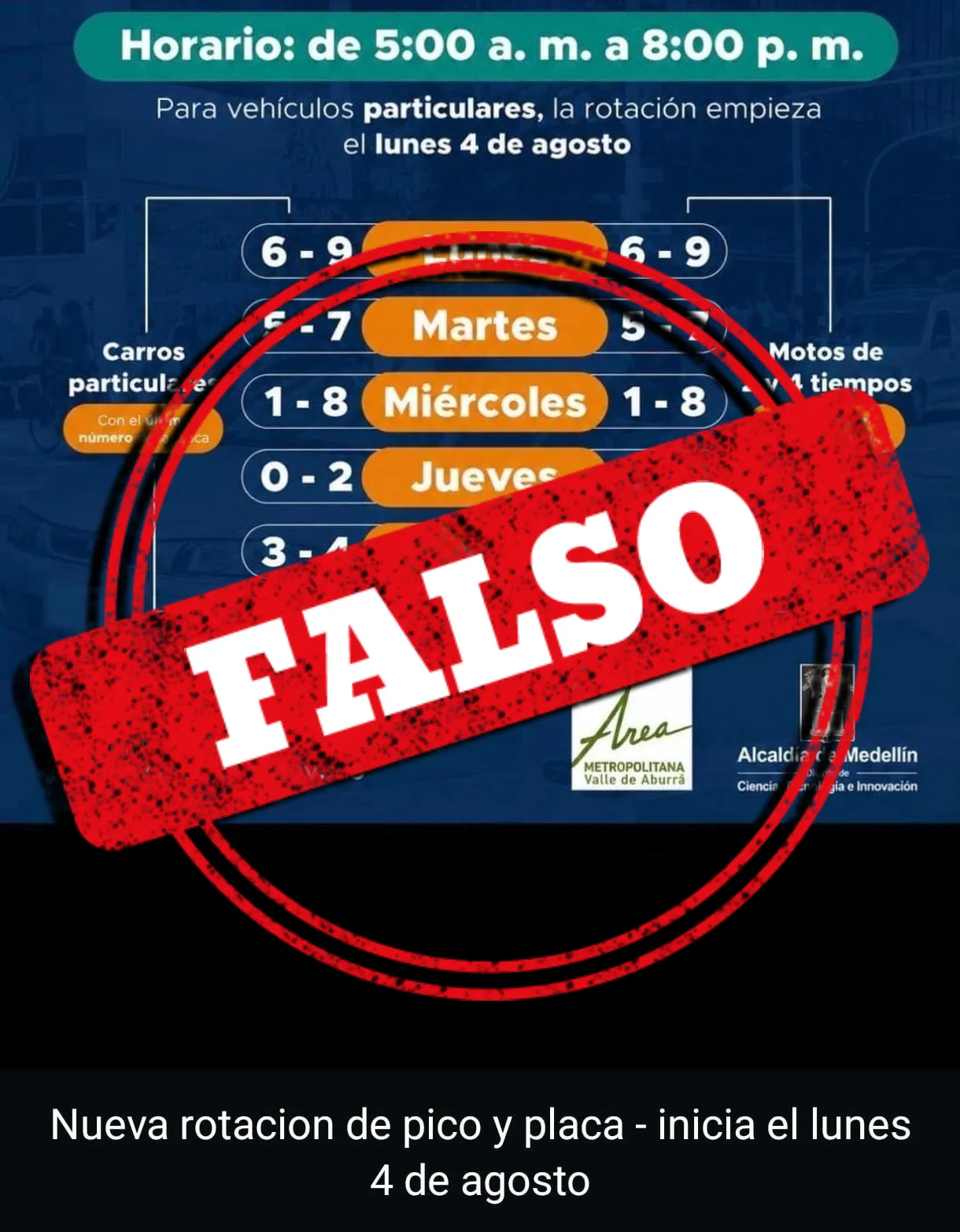 La verdad detrás de la imagen que dice que el pico y la placa rotarán el 4 de agosto y los números 2 ya están asignados FALSO PICO Y PLACA