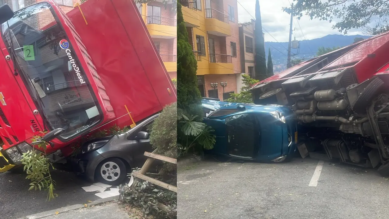 ¡Aparatoso accidente en la Estrella! Se volcó un camión de gaseosas y aplastó dos carros 1 accidente la estrella