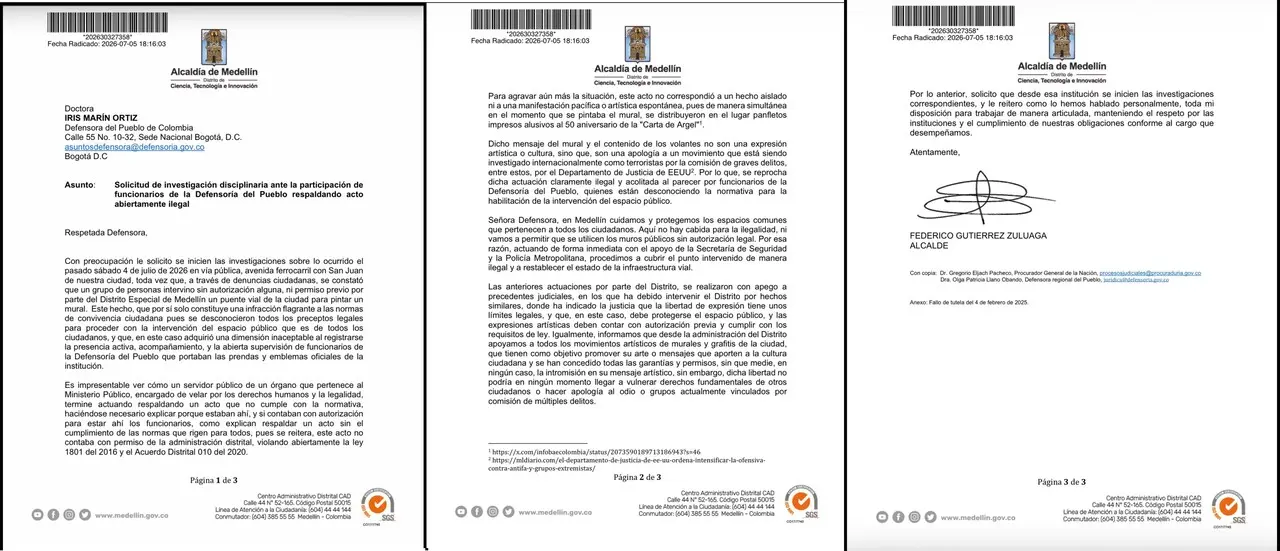 «Aquí no hay cabida para la ilegalidad»: Fico Gutiérrez lanza fuerte reclamo a la Defensoría del Pueblo por acompañamiento a mural no autorizado 2 carta defensoria del pueblo medellin