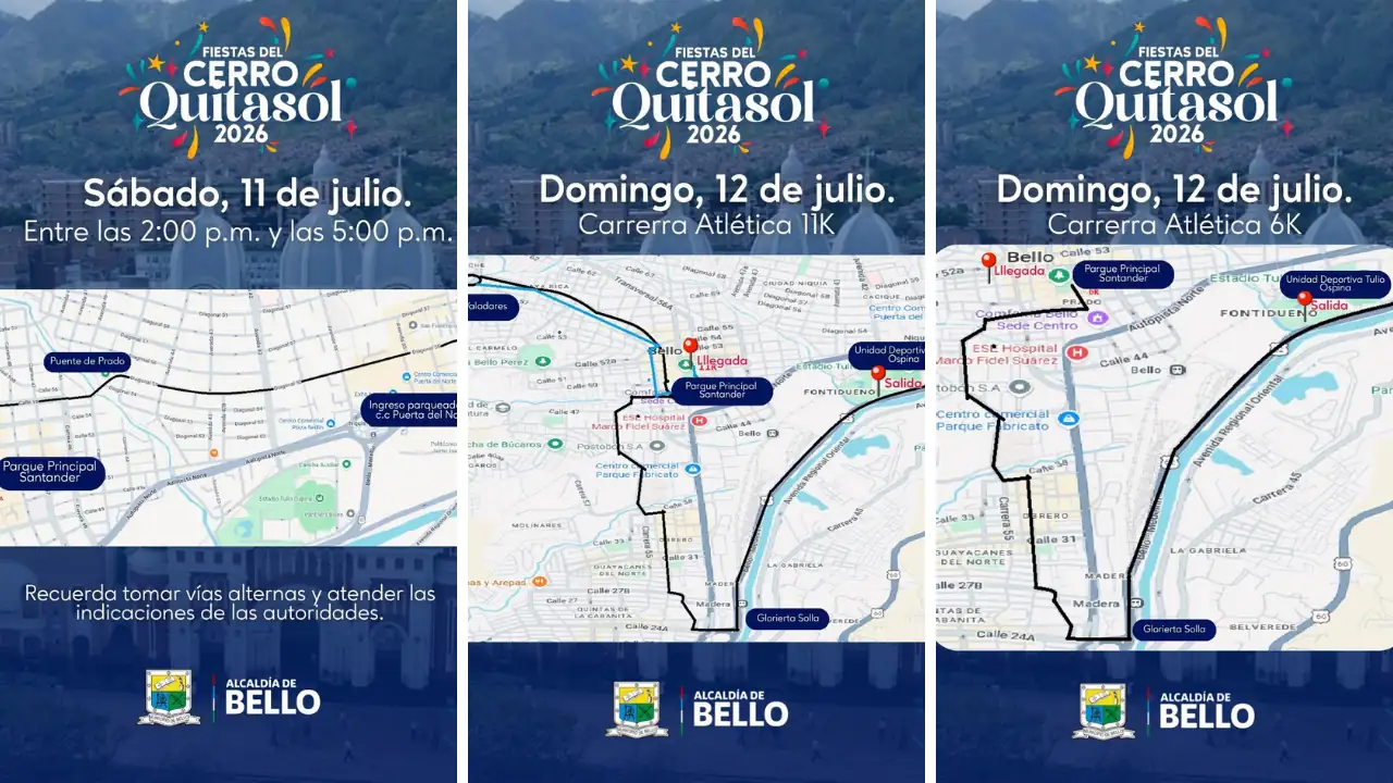 ¡Pilas si va a salir! Estos serán los cierres viales por las Fiestas del Cerro Quitasol en Bello 2 ¡Pilas si va a salir! Estos serán los cierres viales por las Fiestas del Cerro Quitasol en Bello