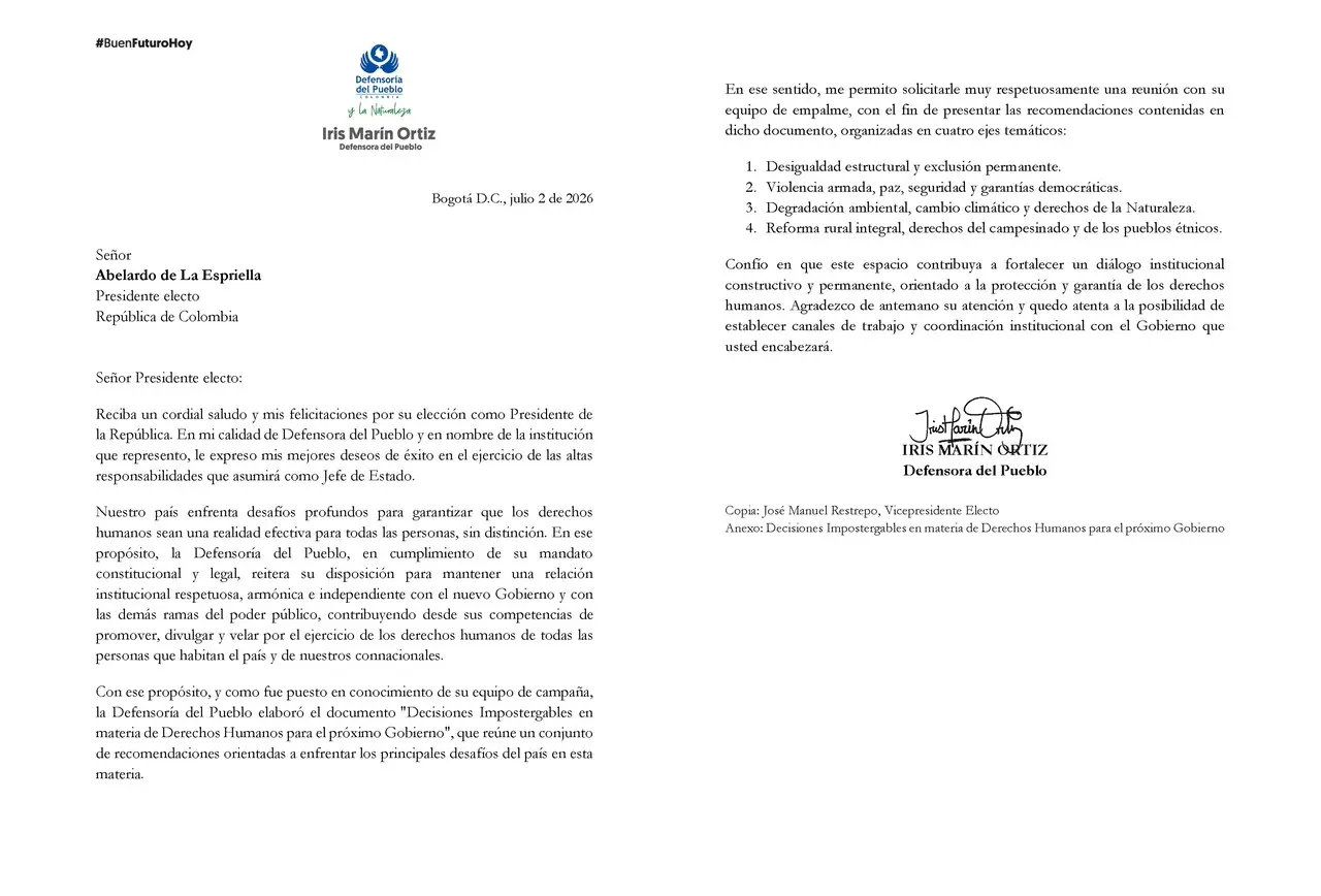 Defensora del Pueblo marca la cancha: envía carta formal al presidente electo Abelardo De La Espriella 2 defensoria de la espriella