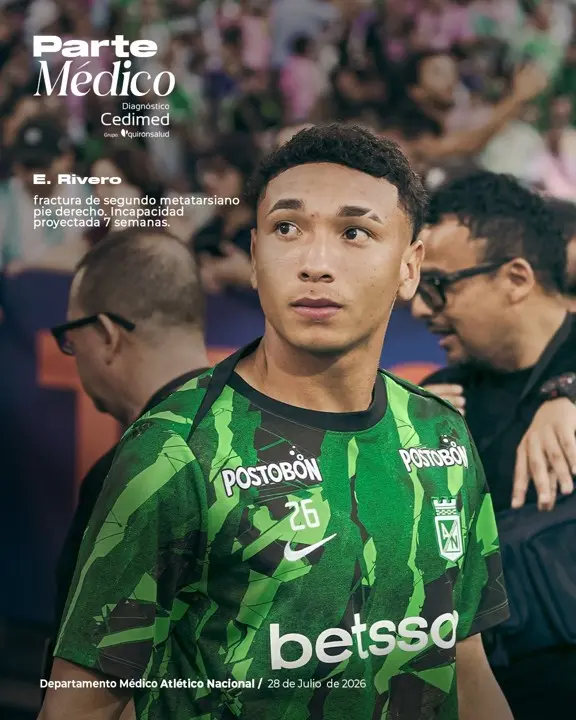 ¡Siete semanas de baja! El reporte médico que enciende las alarmas en el mediocampo de Atlético Nacional 2 rivero mediocampo nacional lesionado
