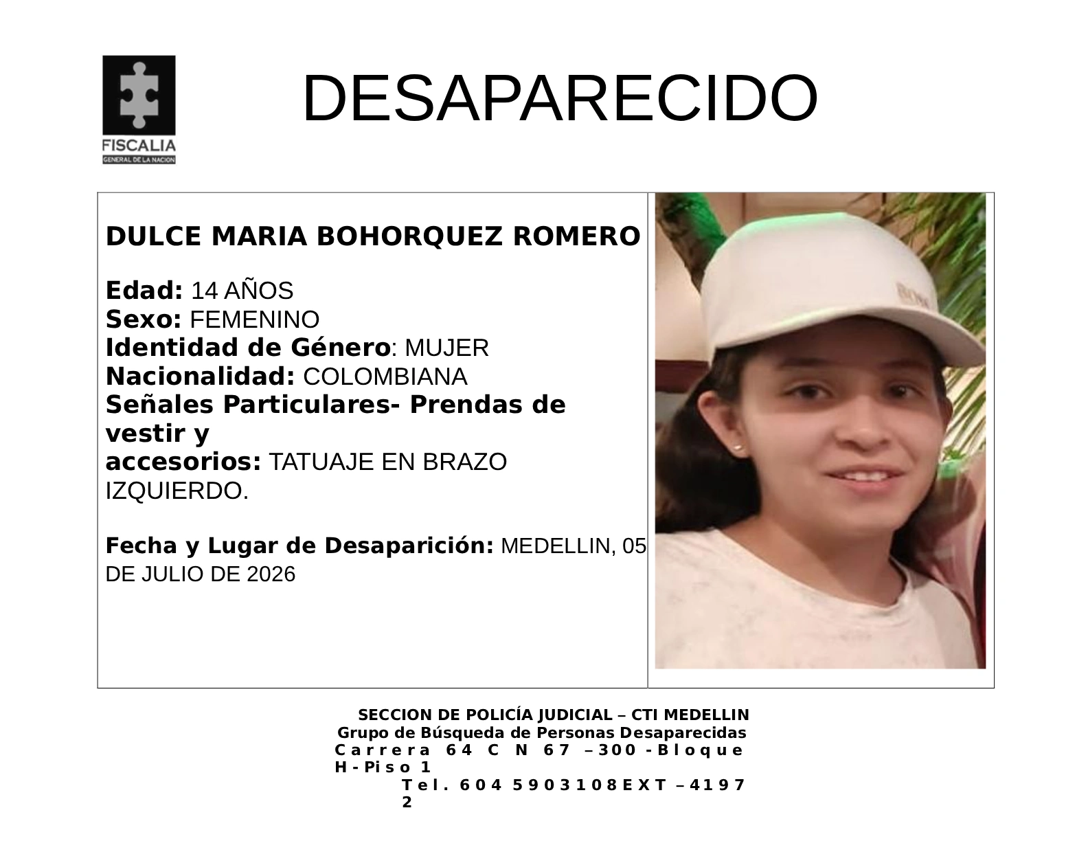 La menor Dulce María Bohórquez desapareció en Medellín 2 1 BOLETIN DULCE MARIA BOHORQUEZ ROMERO