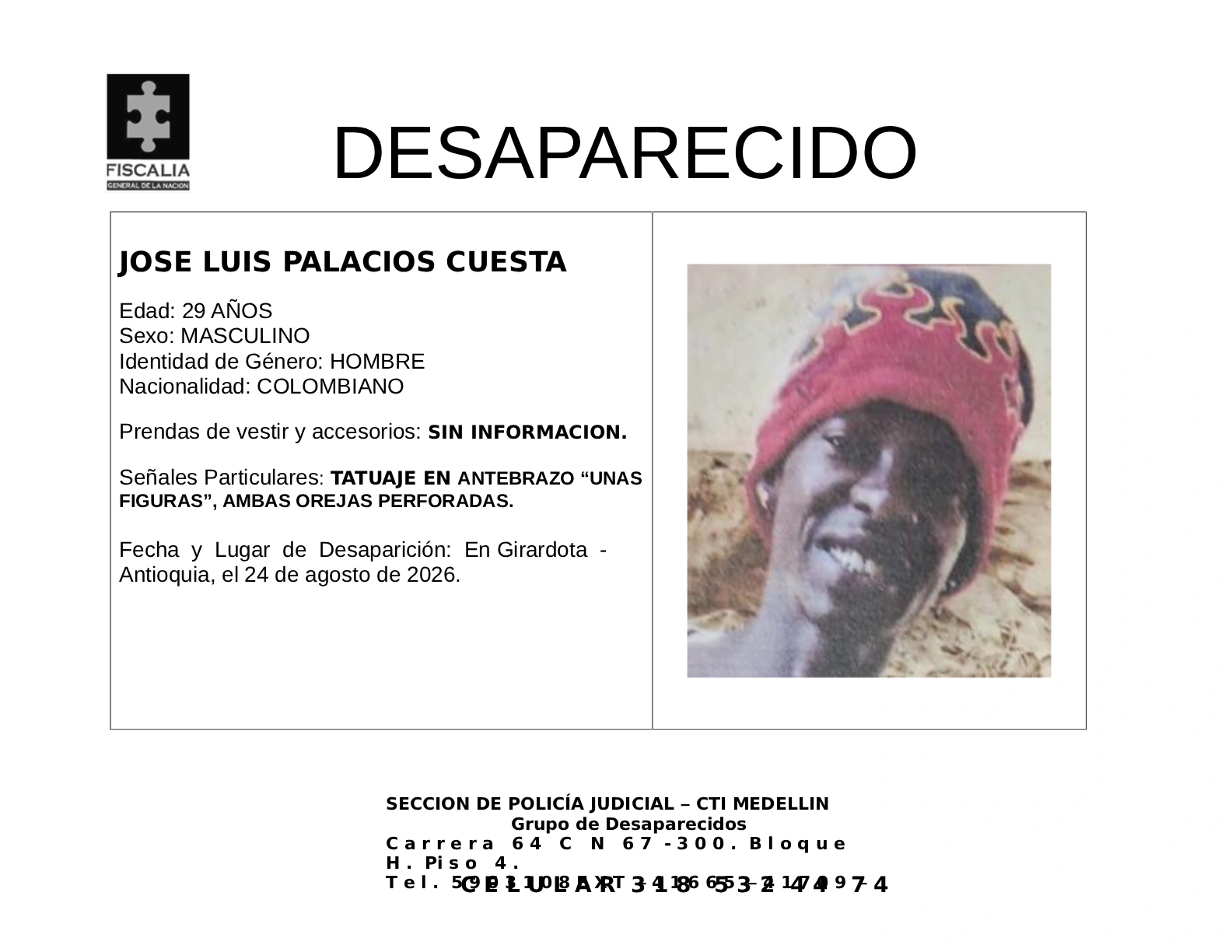José Luis Palacios desapareció en el municipio de Girardota 2 1 BOLETIN JOSE LUIS PALACIOS CUESTA