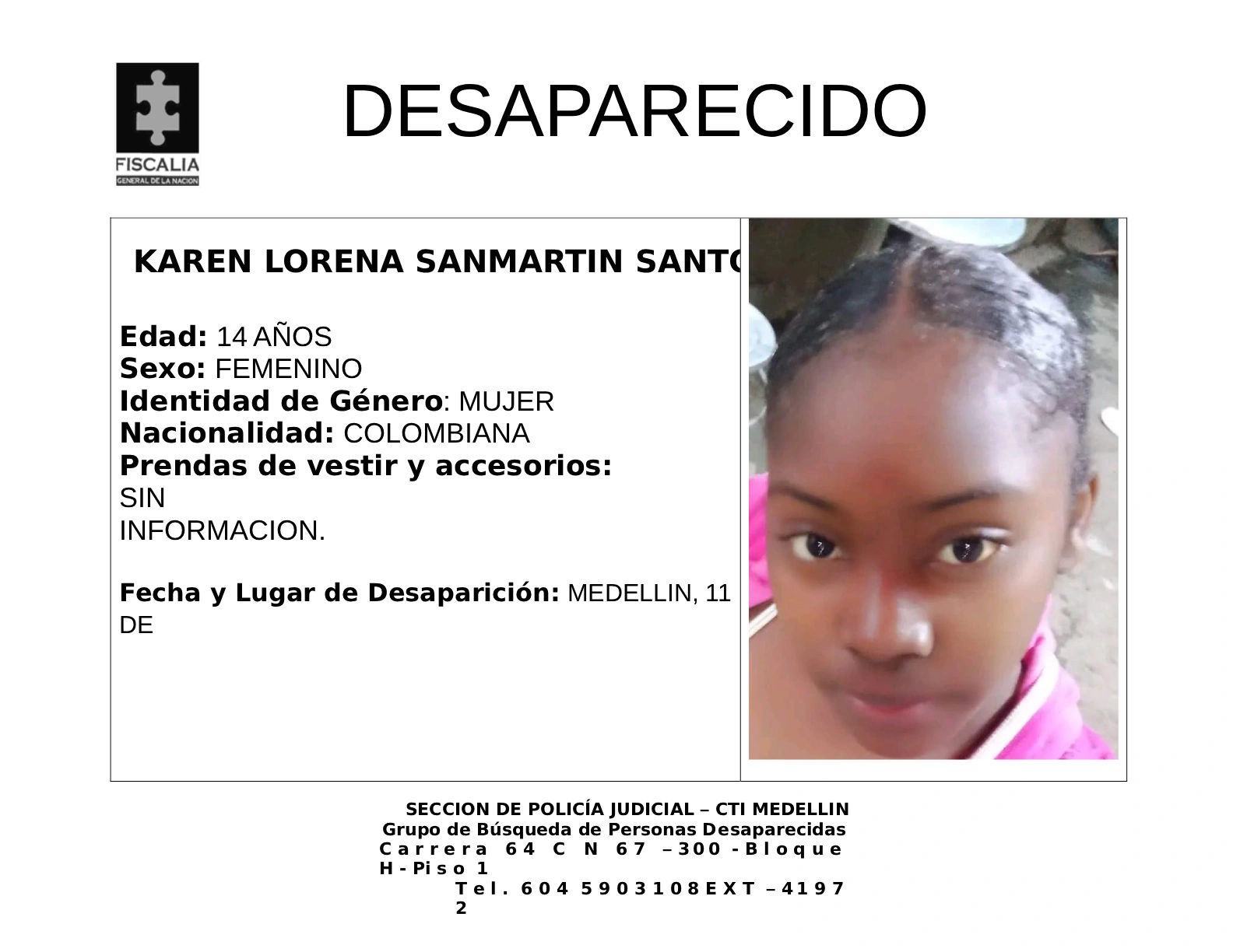 La menor Karen Lorena Sanmartin desapareció en Medellín 2 1 BOLETIN KAREN LORENA SANMARTIN SANTOS