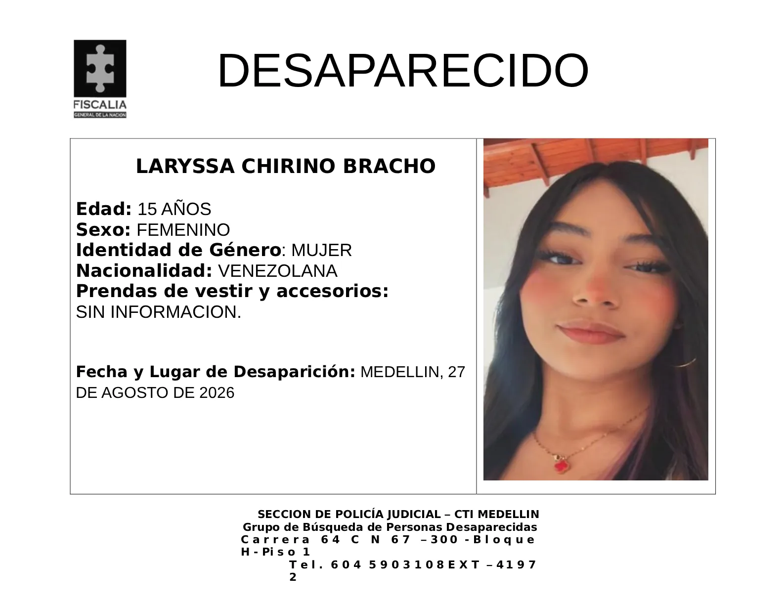 La menor Laryssa Chirino desapareció en Medellín 2 1 BOLETIN LARYSSA CHIRINO BRACHO