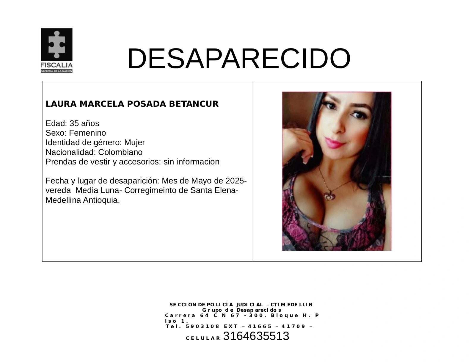 Laura Marcela Posada desapareció en el corregimiento de Santa Elena 2 1 BOLETIN LAURA MARCELA POSADA BETANCUR