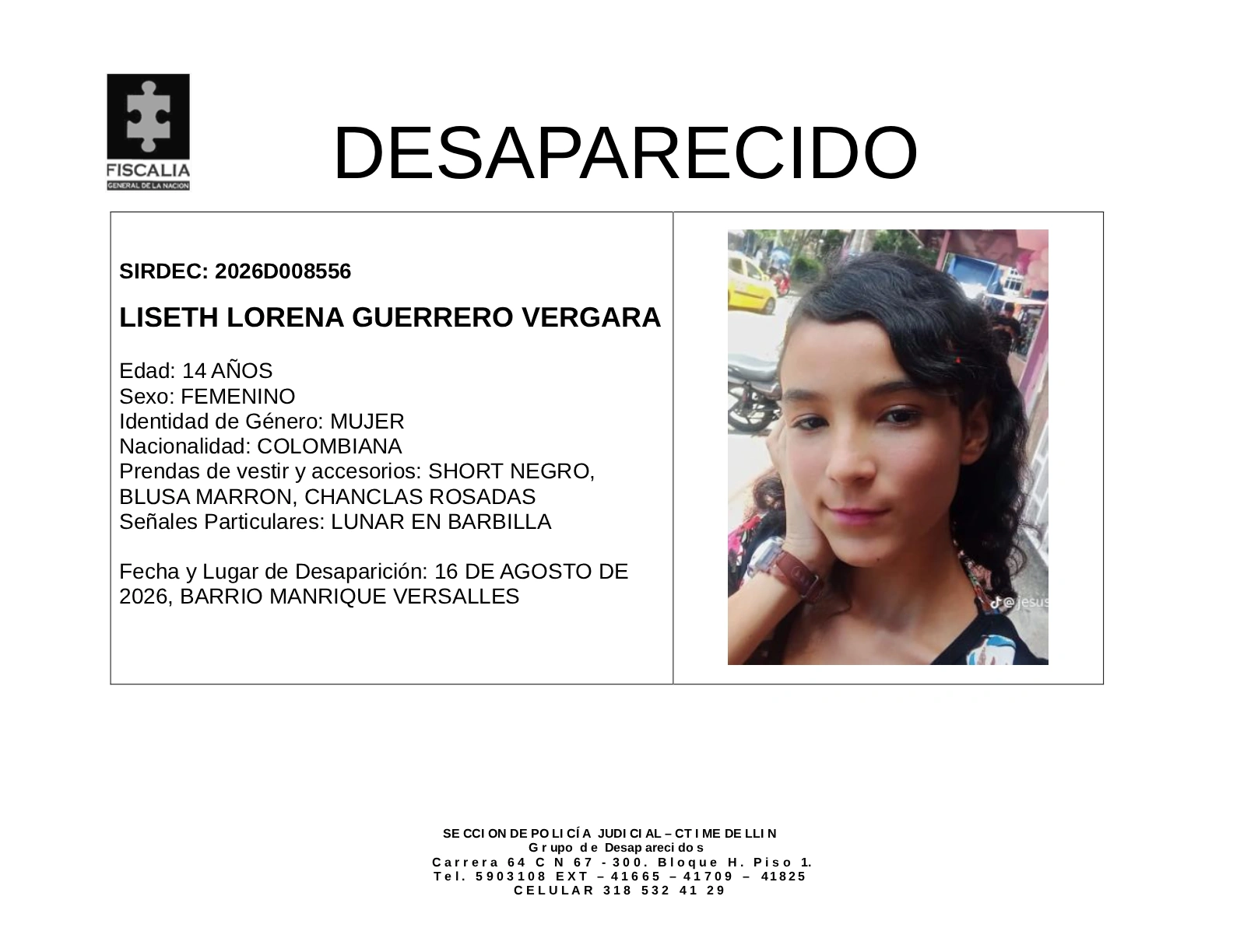 La menor Liseth Lorena Guerrero desapareció en Medellín 2 1 BOLETIN LISETH LORENA GUERRERO VERGARA
