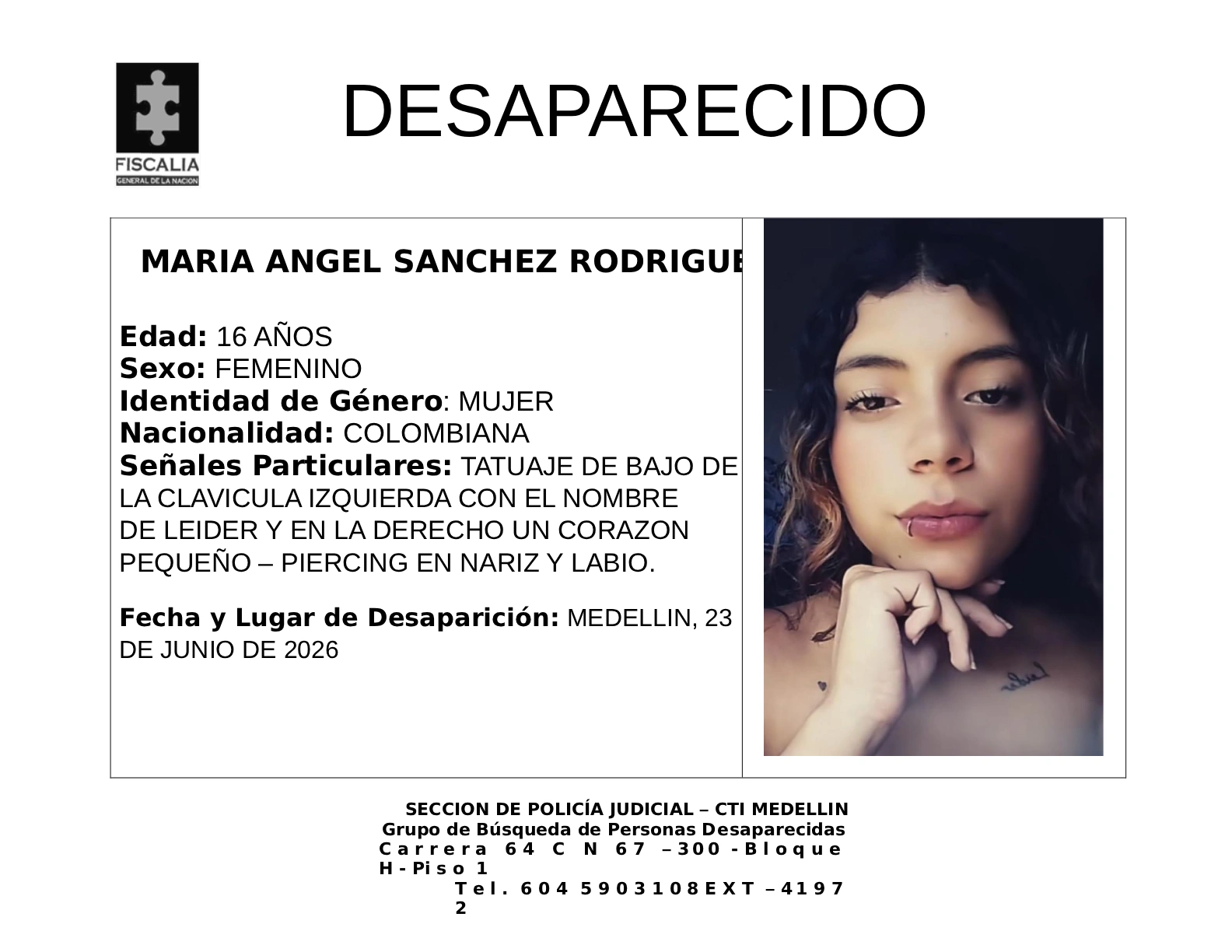 La menor María Ángel Sánchez desapareció en Medellín 2 1 BOLETIN MARIA ANGEL SANCHEZ RODRIGUEZ