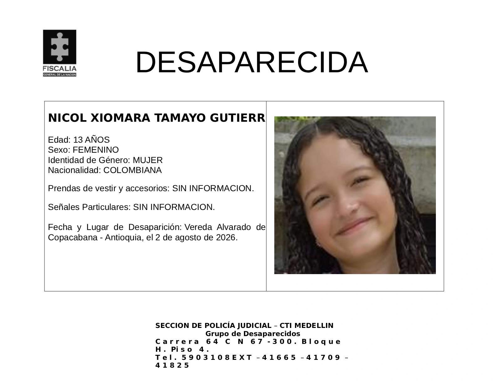 La menor Nicol Xiomara Tamayo desapareció en Copacabana 2 1 BOLETIN NICOL XIOMARA TAMAYO GUTIERREZ