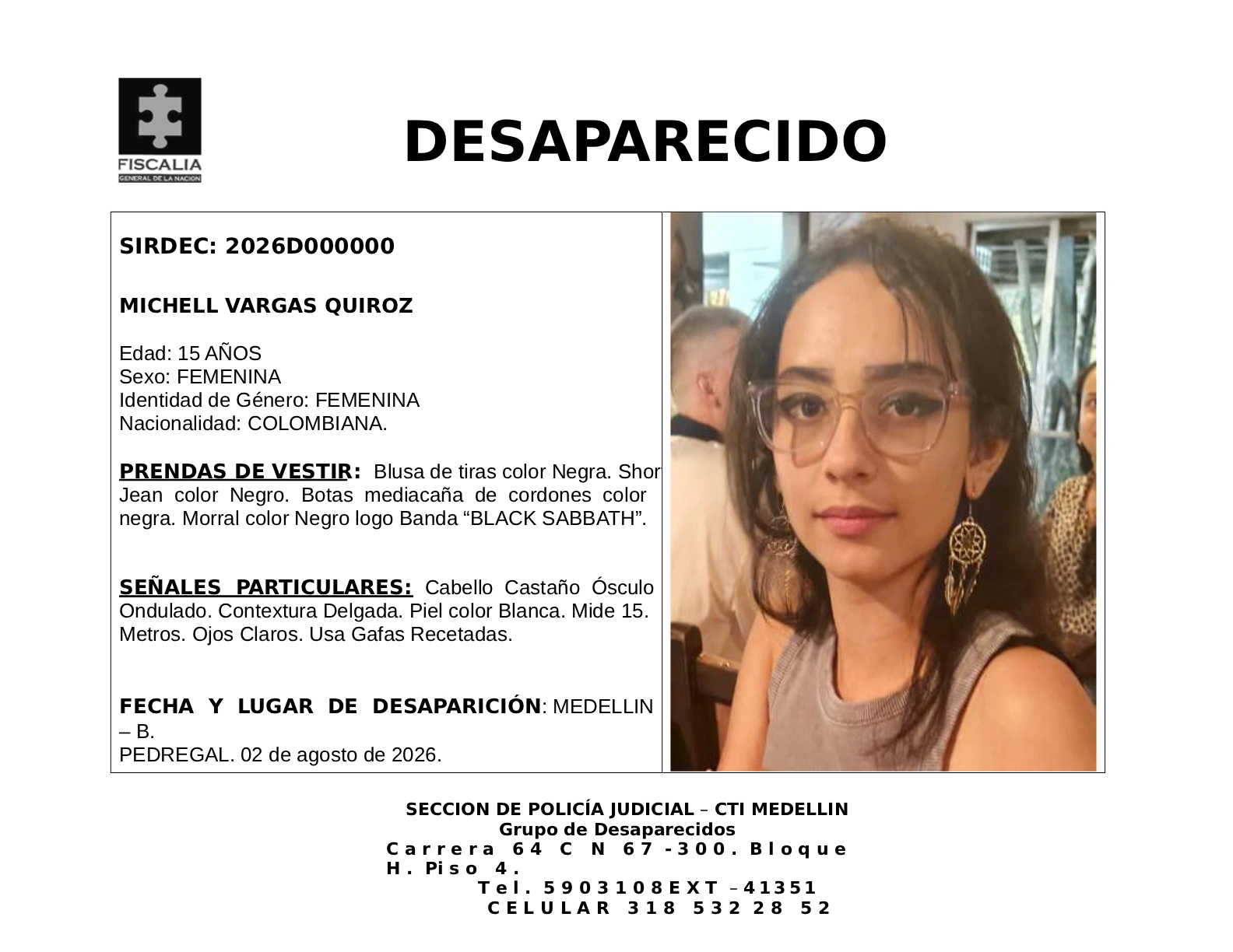 La menor Michell Vargas desapareció en Medellín 2 1 BOLETIN NNA MICHELL VARGAS QUIROZ