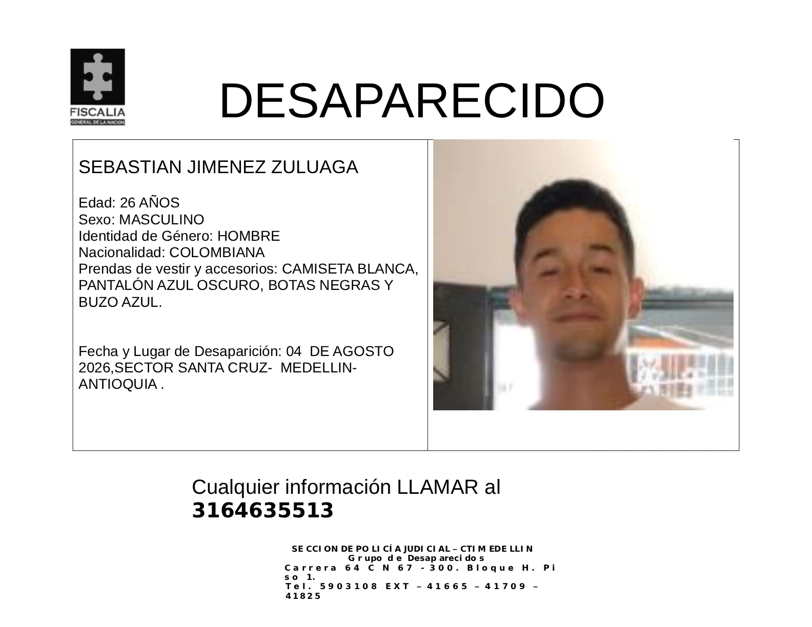 Sebastián Jiménez desapareció en Medellín 2 1 BOLETIN SEBASTIAN JIMENEZ ZULUAGA