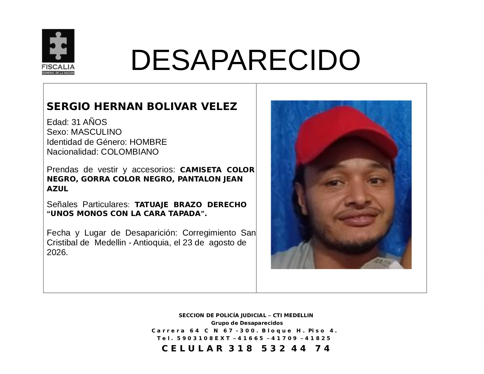 Sergio Hernán Bolívar desapareció en Medellín 2 1 BOLETIN SERGIO HERNAN BOLIVAR VELEZ