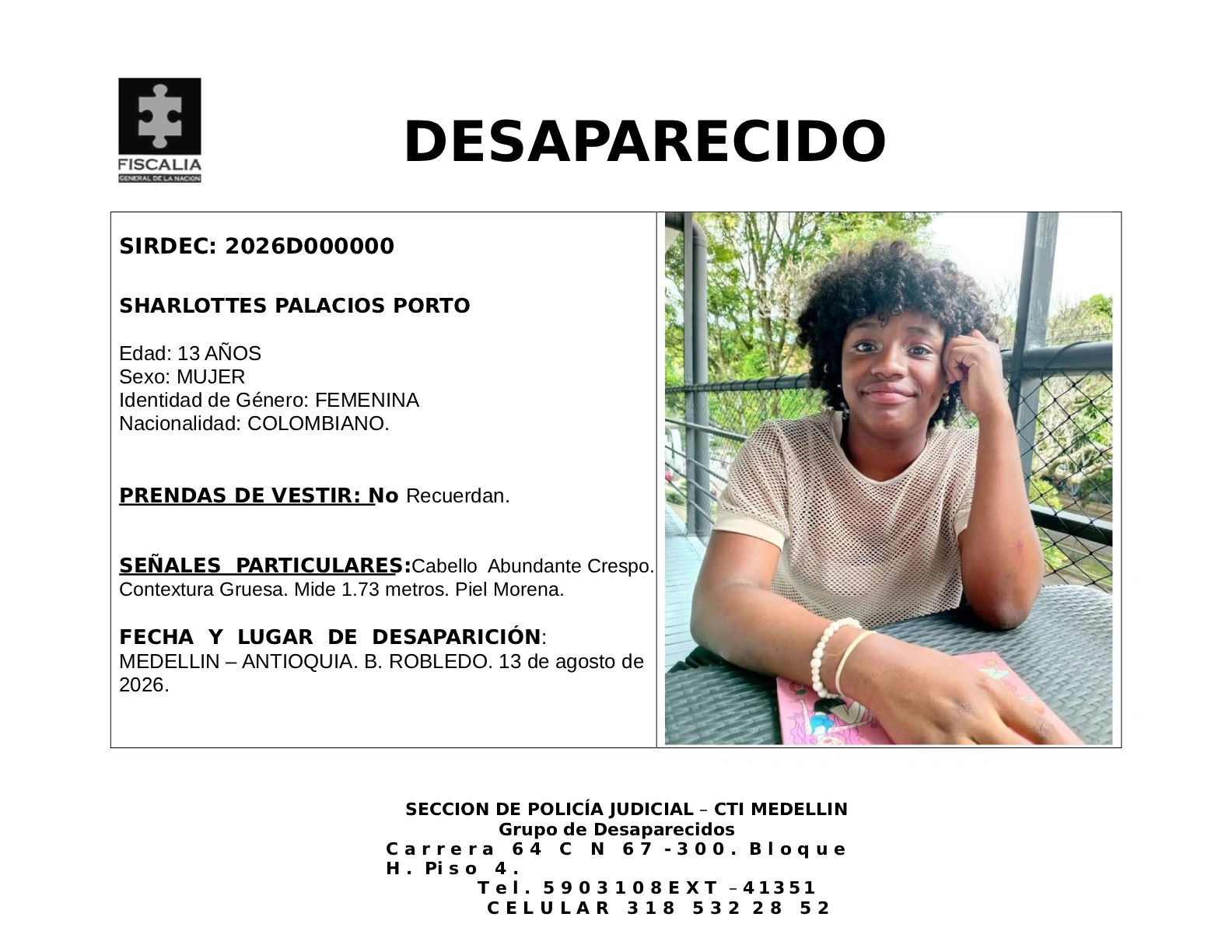 La menor Sharlottes Palacios desapareció en Medellín 2 1 BOLETIN SHARLOTTES PALACIOS PORTO
