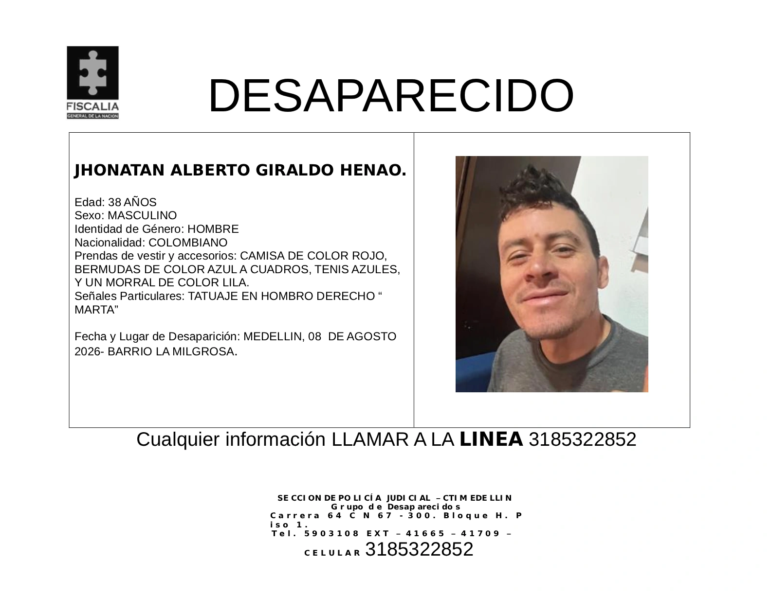 Jhonatan Alberto Giraldo desapareció en Medellín 2 1 VOLANTE JHONATAN ALBERTO GIRALDO HENAO