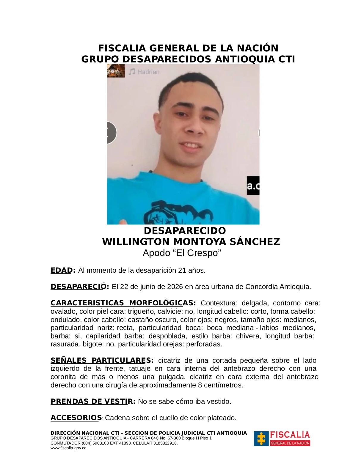 Willington Montoya desapareció en Concordia 2 1 VOLANTE WILLINGTON MONTOYA SANCHEZ