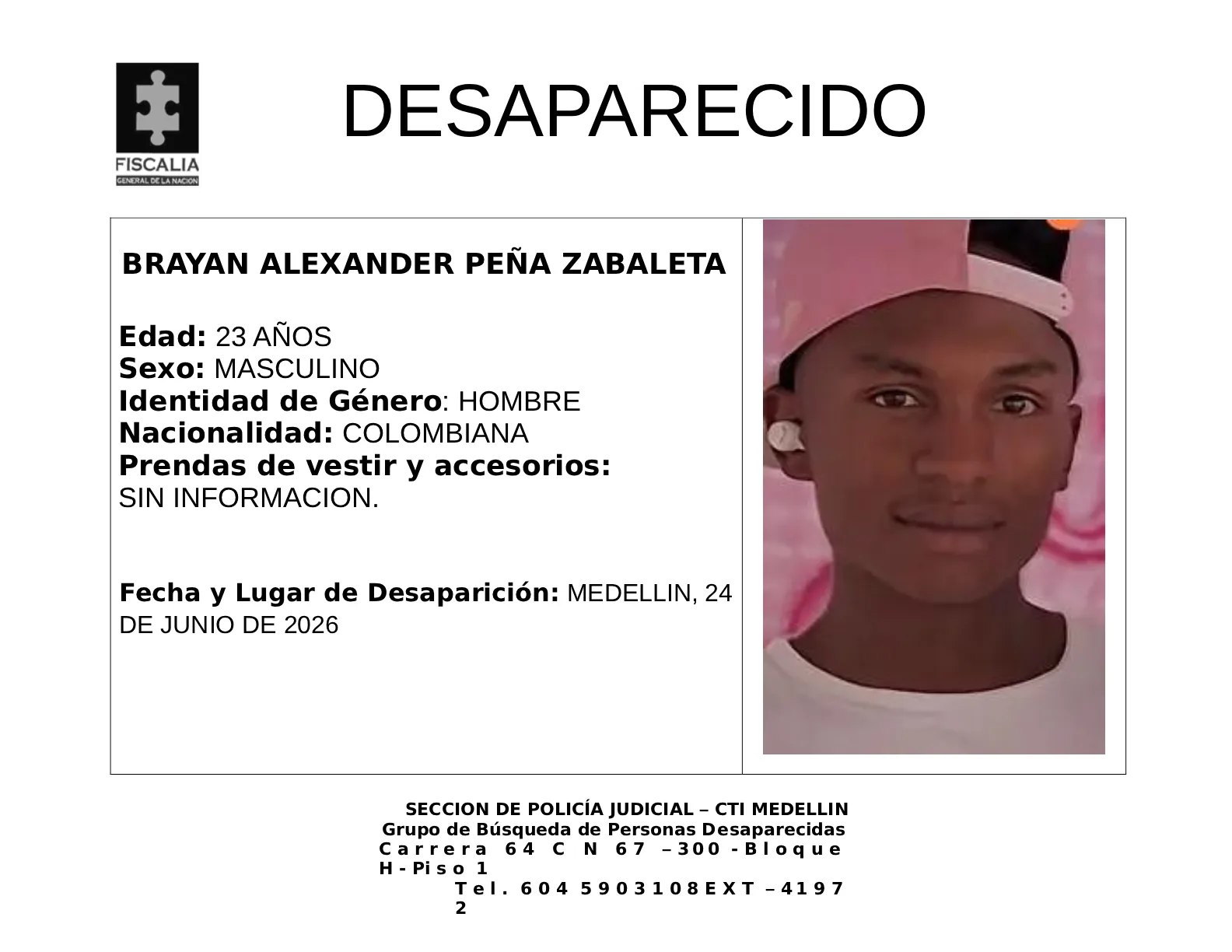 Brayan Alexander Peña desapareció en Medellín 2 2 BOLETIN BRAYAN ALEXANDER PENA ZABALETA