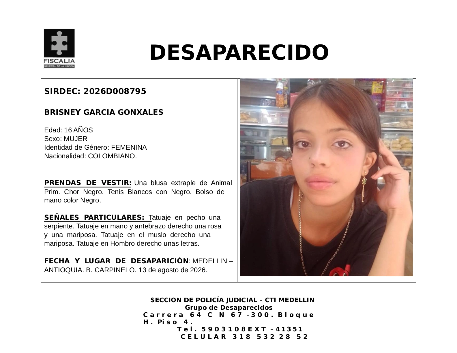 La menor Brisney García desapareció en Medellín 2 2 BOLETIN BRISNEY GARCIA GONXALES