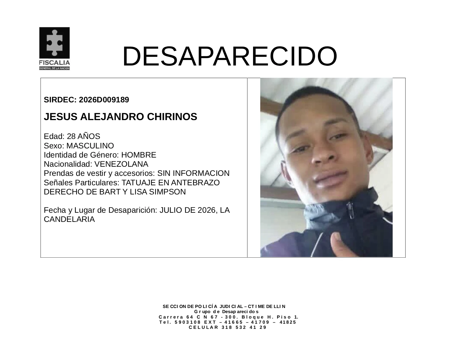 Jesús Alejandro Chirinos desapareció en Medellín 2 2 BOLETIN DE DESAPARICION JESUS ALEJANDRO CHIRINOS