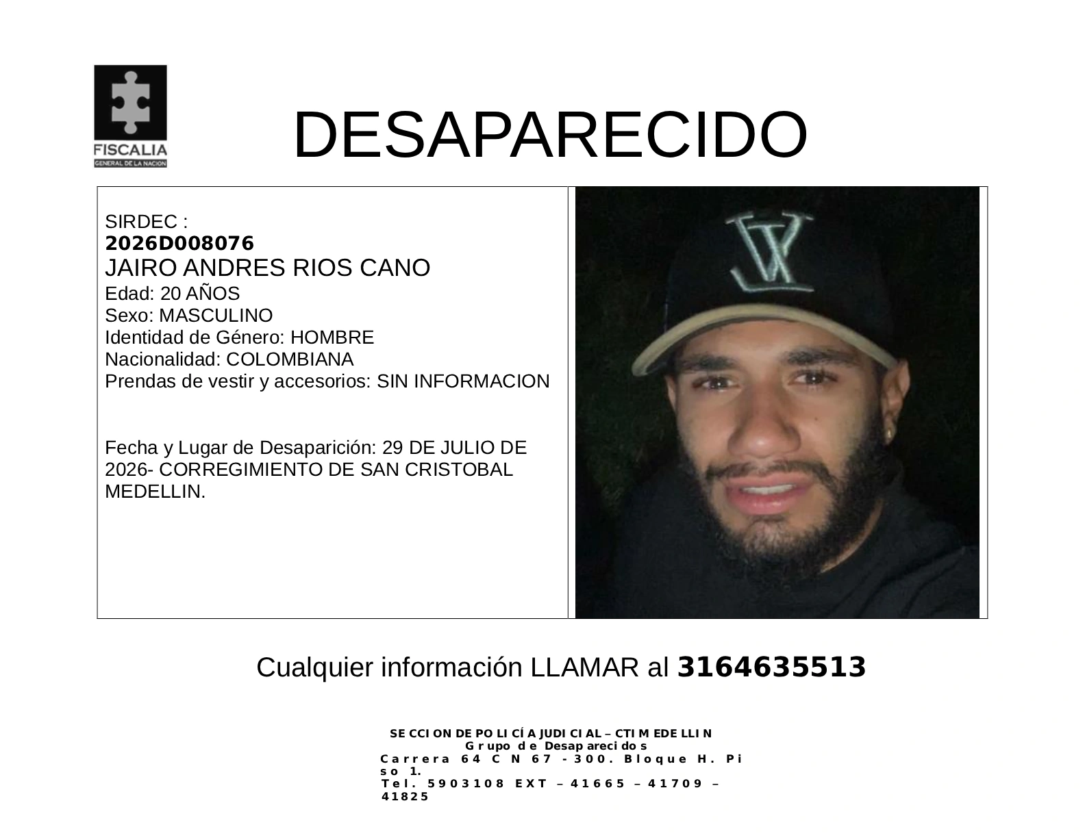 Jairo Andrés Ríos desapareció en Medellín 2 2 BOLETIN JAIRO ANDRES RIOS CANO