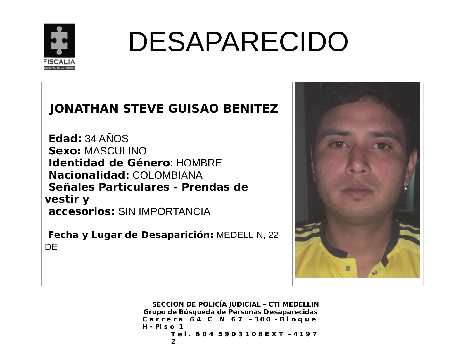 Jonathan Steve Guisao desapareció en Medellín 2 2 BOLETIN JONATHAN STEVE GUISAO BENITEZ