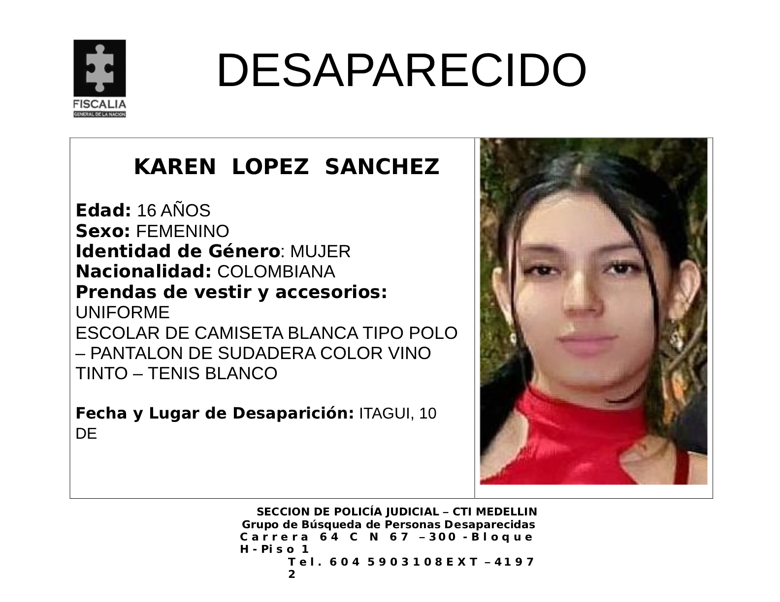 La menor Karen López desapareció en Itagüí