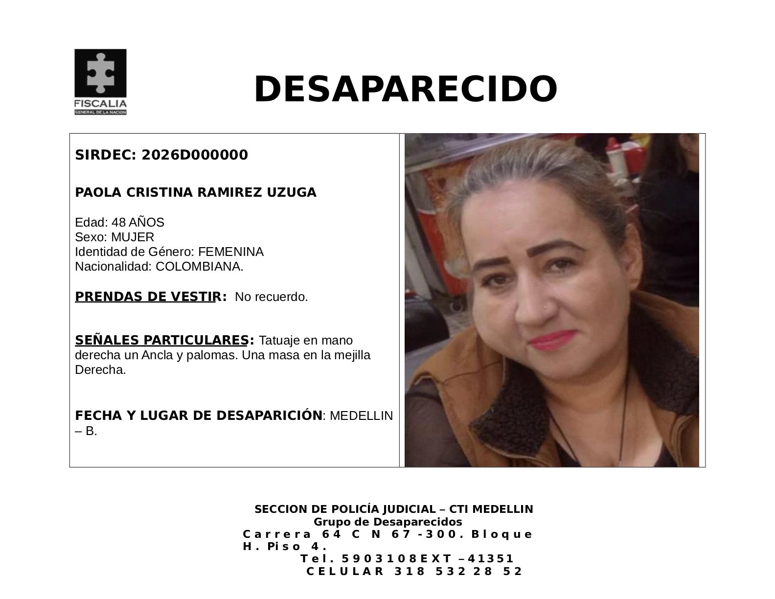 Paola Cristina Ramíre desapareció en Medellín 2 2 BOLETIN PAOLA CRISTINA RAMIREZ UZUGA