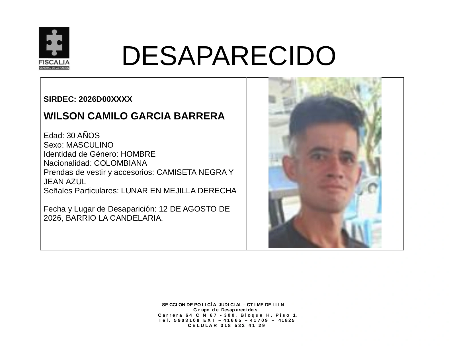 Wilson Camilo García desapareció en Medellín 2 2 BOLETIN WILSON CAMILO GARCIA BARRERA