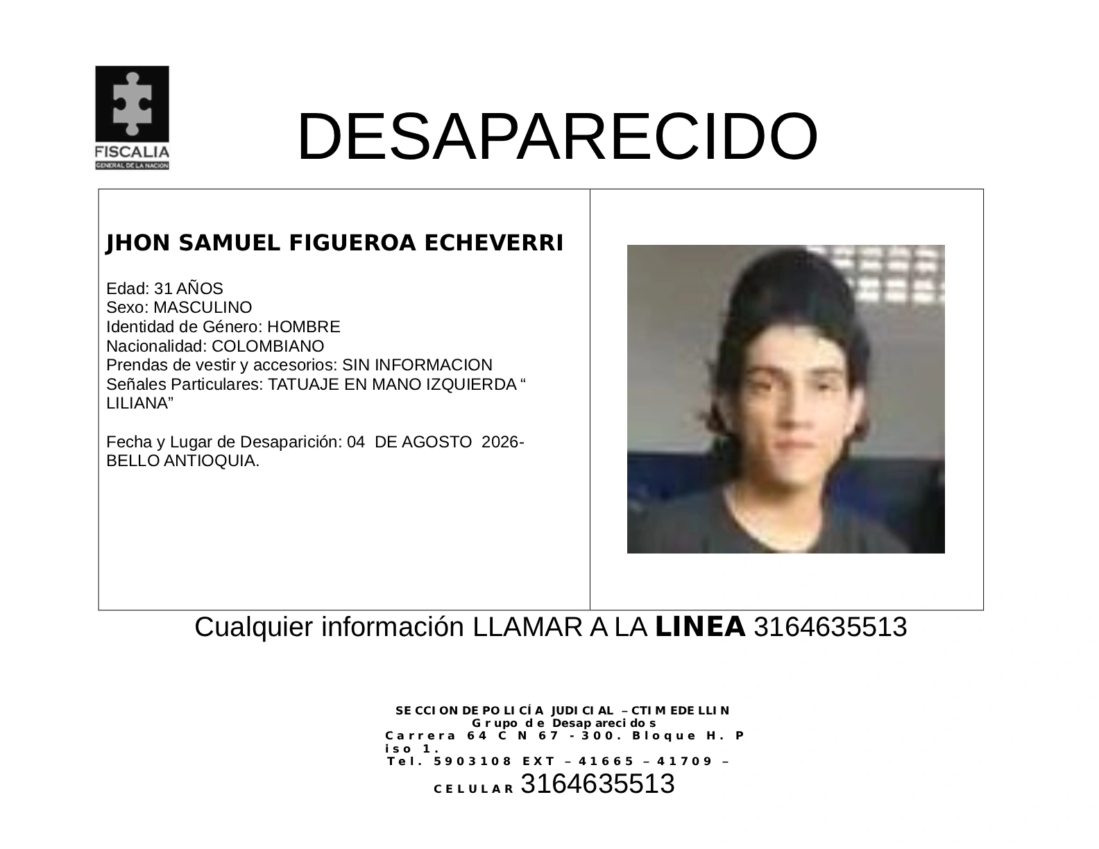 Jhon Samuel Figueroa desapareció en Bello 2 2 VOLANTE JHON SAMUEL FIGUEROA ECHEVERRI