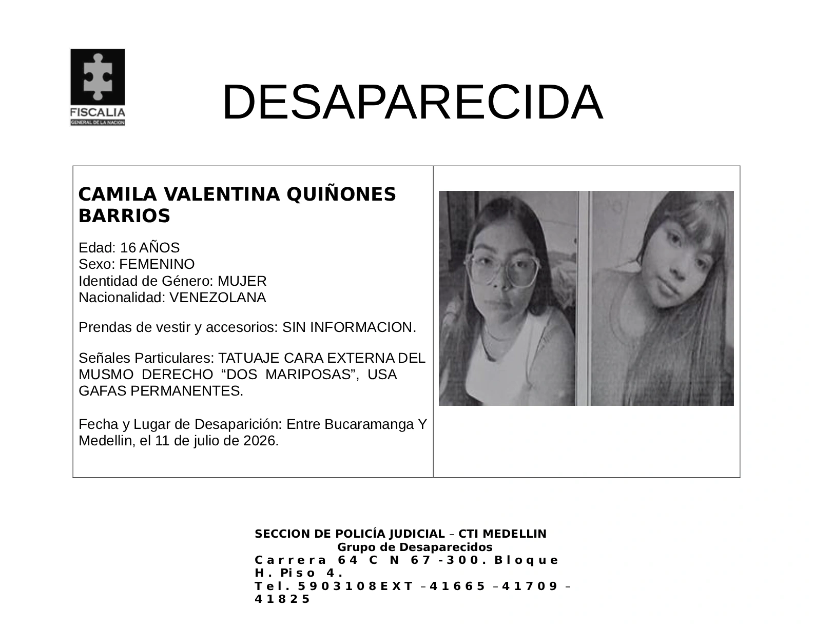 La menor Camila Valentina Quiñones desapareció entre Bucaramanga y Medellín 2 3 BOLETIN CAMILA VALENTINA QUINONES BARRIOS