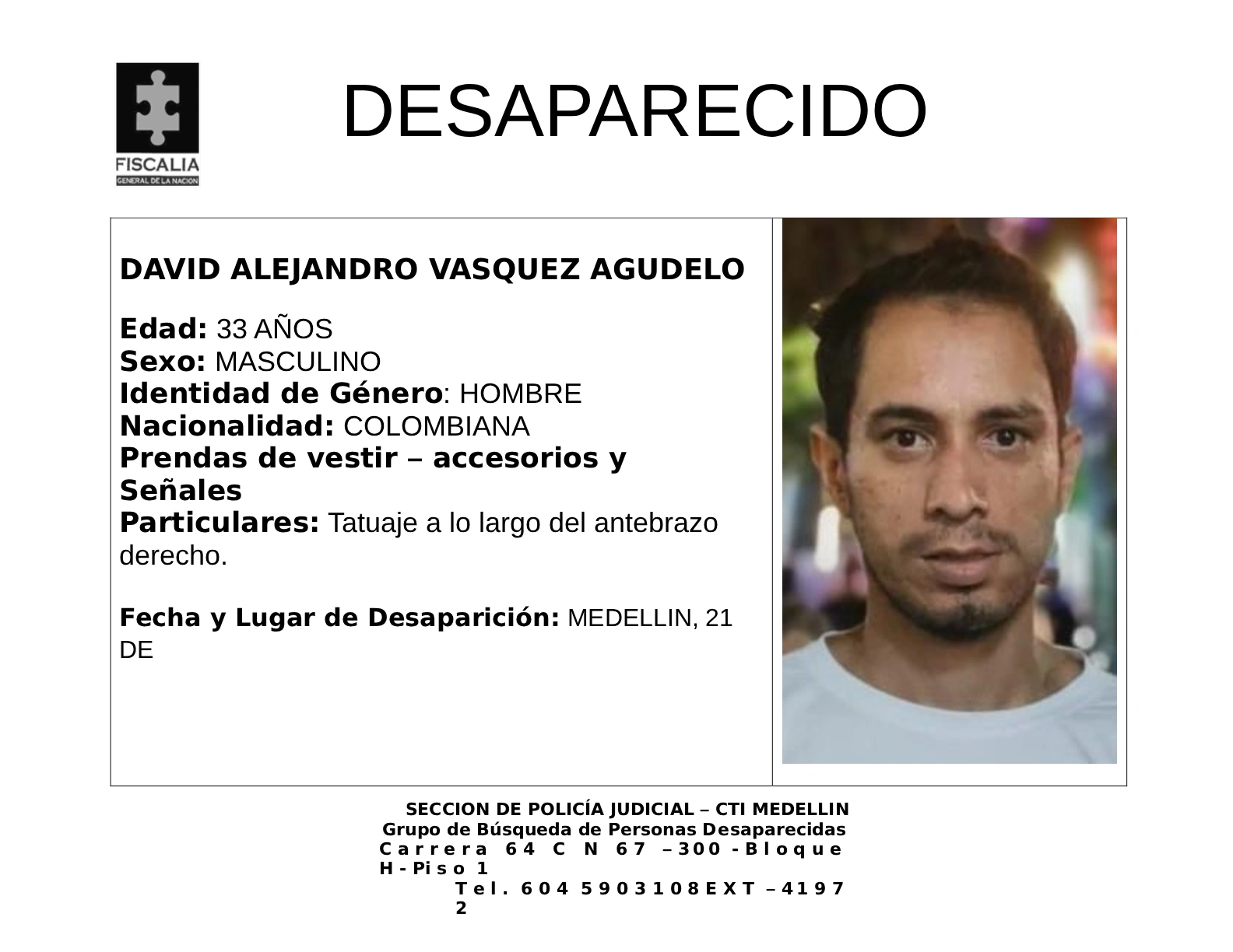 David Alejandro Vásquez desapareció en Medellín 2 3 BOLETIN DAVID ALEJANDRO VASQUEZ AGUDELO